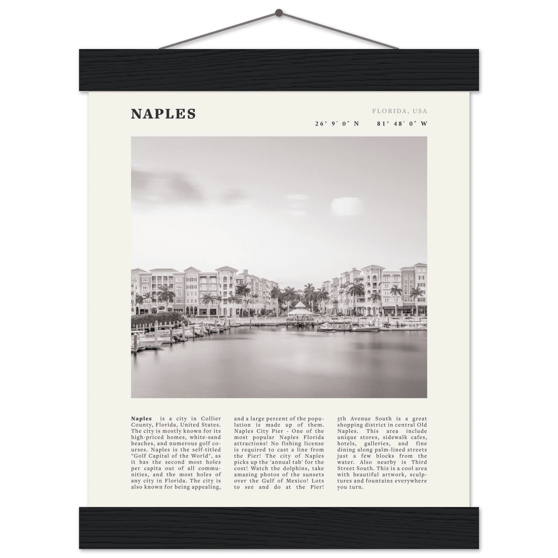 Naples Florida Poster | Black & White Gulf Coast Wall Art | FL Travel Print - Evergreen Posters