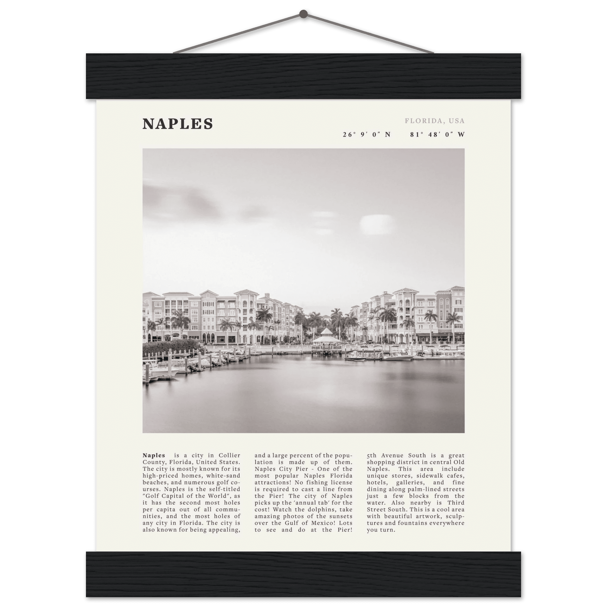 Naples Florida Poster | Black & White Gulf Coast Wall Art | FL Travel Print - Evergreen Posters