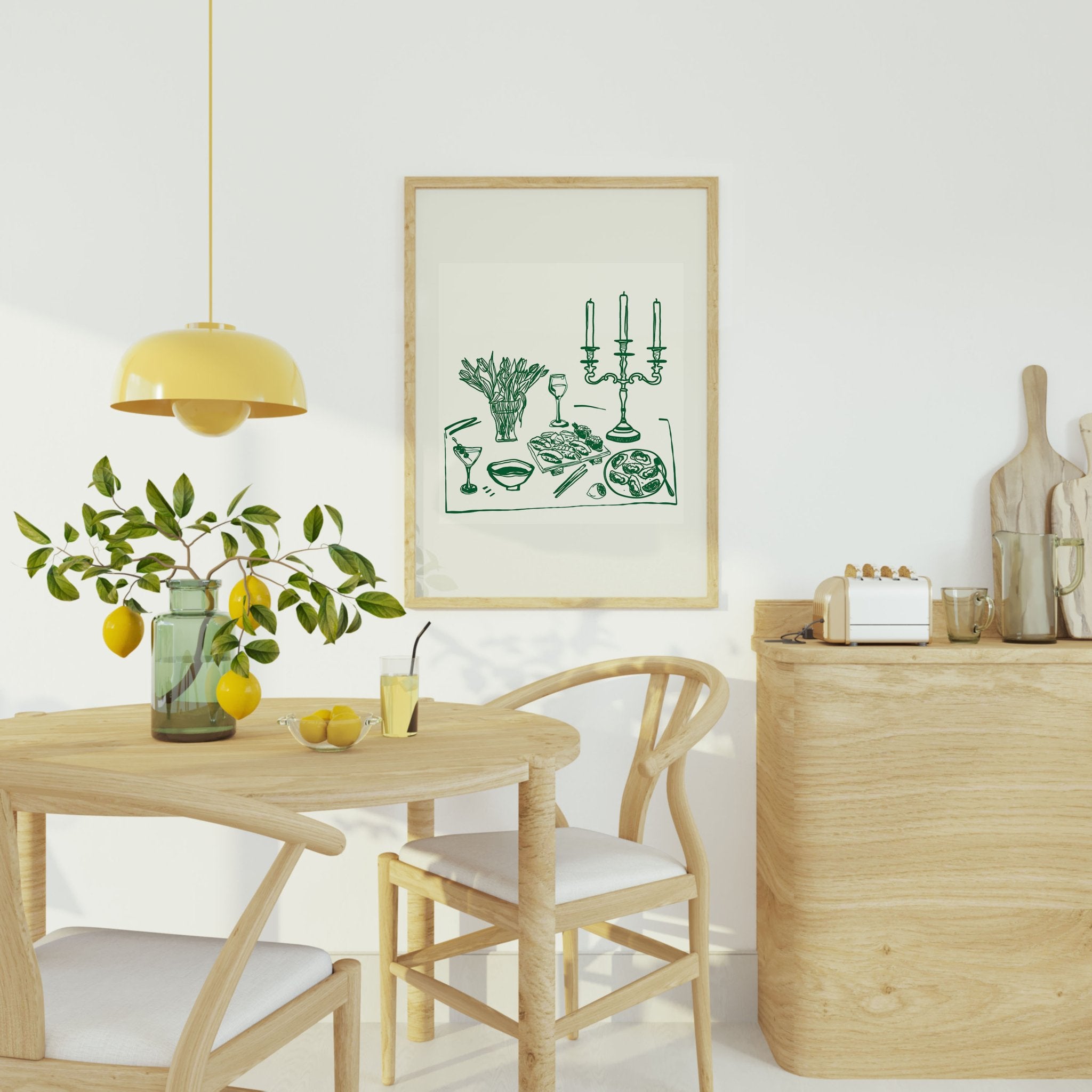 Fine Dining Table Print | Green Line Art Kitchen Wall Art | Elegant Dining Room Poster - Evergreen Posters