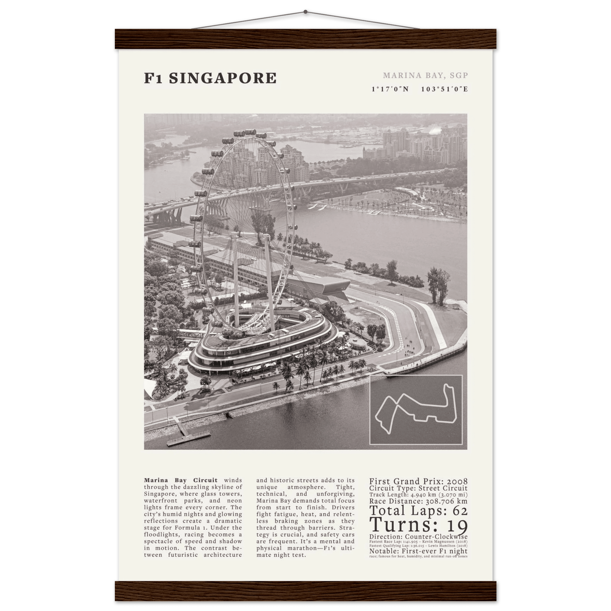 F1 Singapore Poster Black and White – Vintage Marina Bay Night Race Print (Digital & Printed Options) - Evergreen Posters