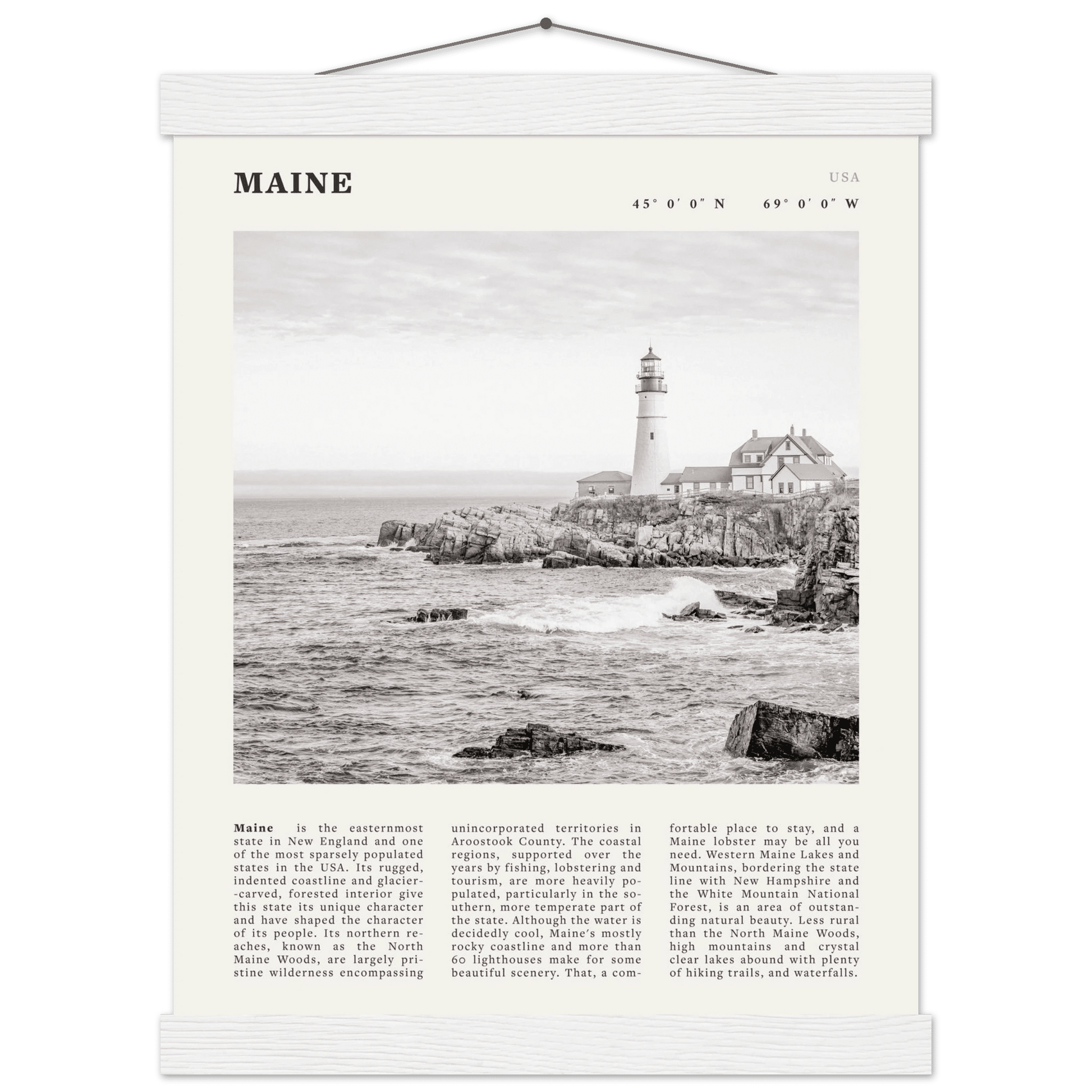 Maine Poster | Black & White Lighthouse Wall Art | New England Coastal Travel Print - Evergreen Posters