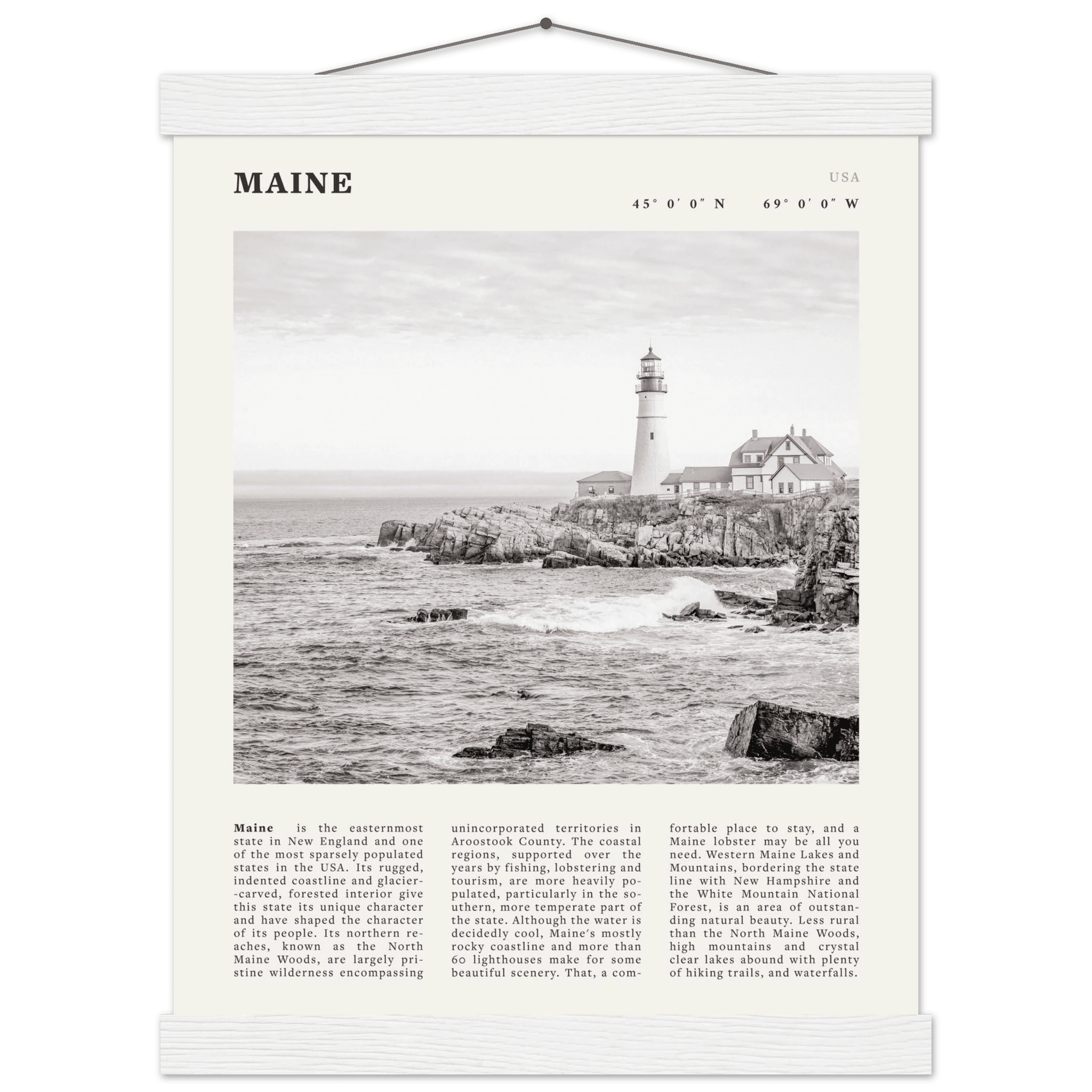 Maine Poster | Black & White Lighthouse Wall Art | New England Coastal Travel Print - Evergreen Posters