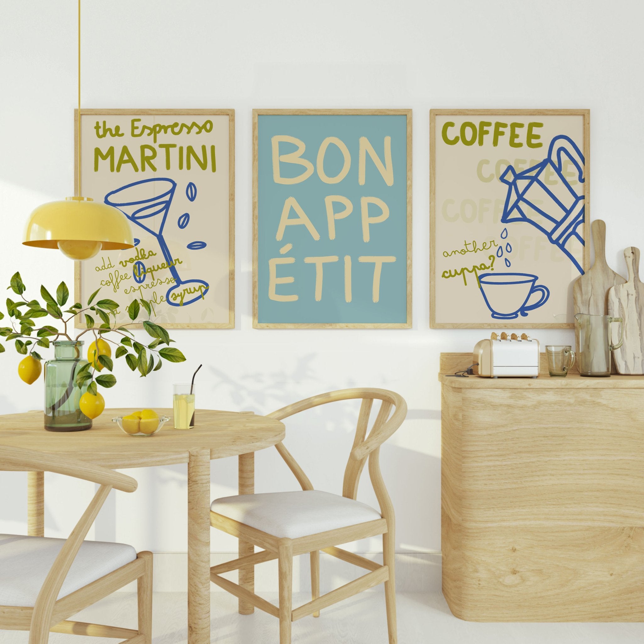 Kitchen Poster Set of 3 | Espresso Martini, Bon Appétit & Coffee Wall Art Prints - Evergreen Posters