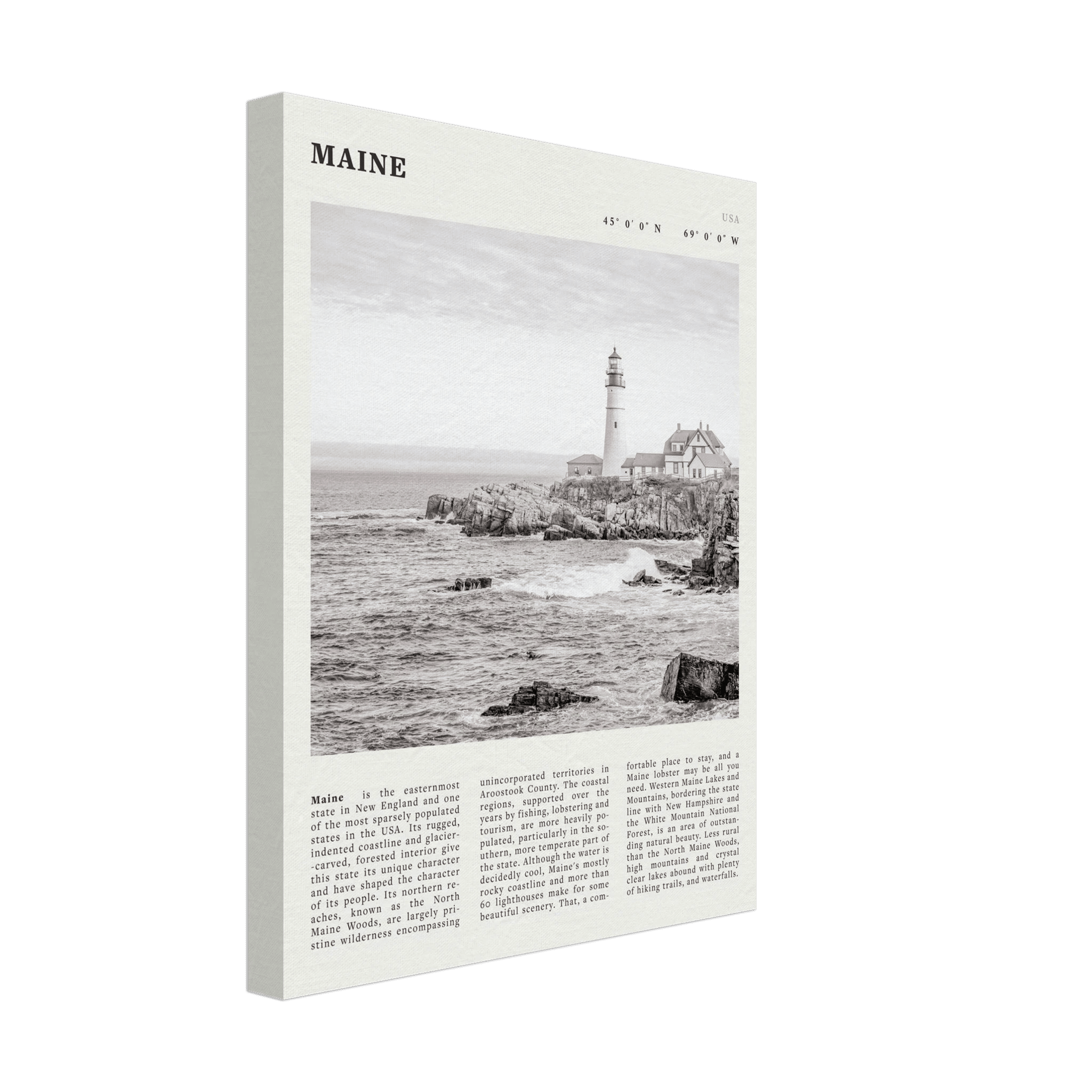 Maine Poster | Black & White Lighthouse Wall Art | New England Coastal Travel Print - Evergreen Posters