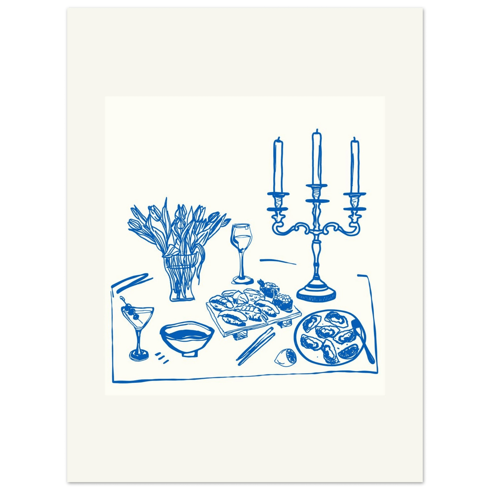 Fine Dining Table Print | Blue Line Art Kitchen Wall Art | Elegant Dining Room Poster - Evergreen Posters