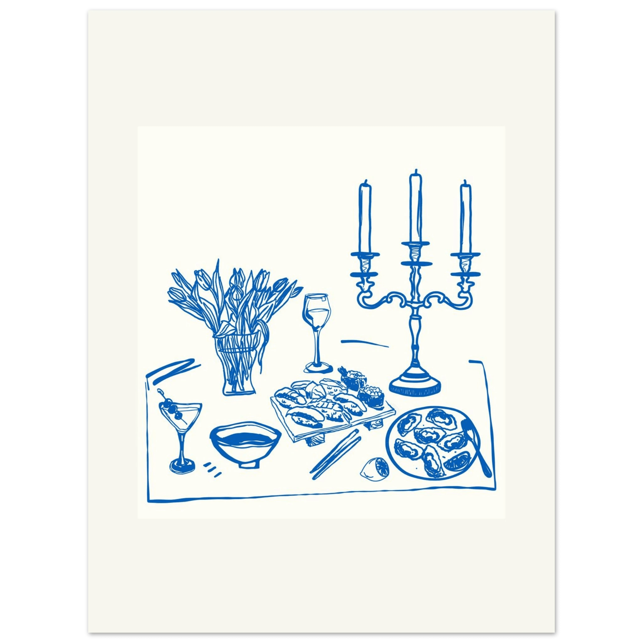 Fine Dining Table Print | Blue Line Art Kitchen Wall Art | Elegant Dining Room Poster - Evergreen Posters