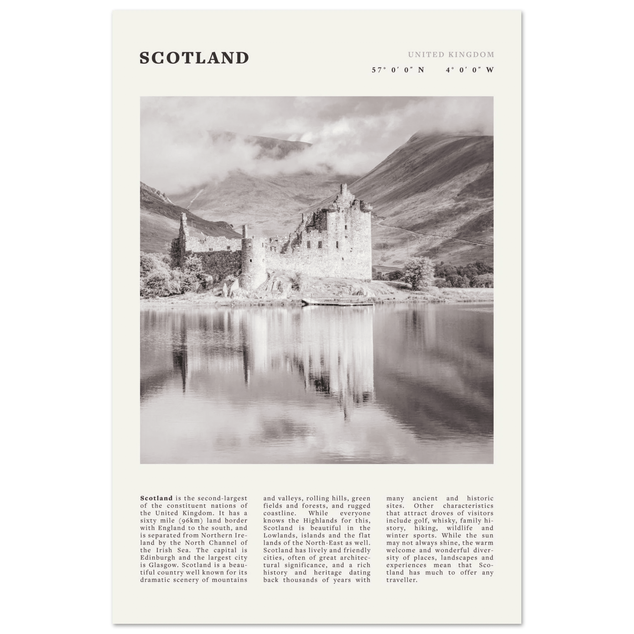 Scotland Poster | Black & White Highland Castle Wall Art | UK Travel Print Decor - Evergreen Posters