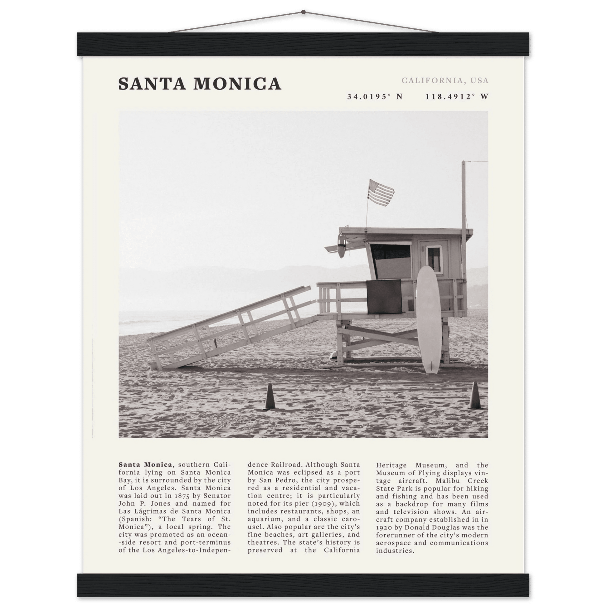 Santa Monica Poster | Black & White California Wall Art | Beach Travel Print | Coastal Decor - Evergreen Posters
