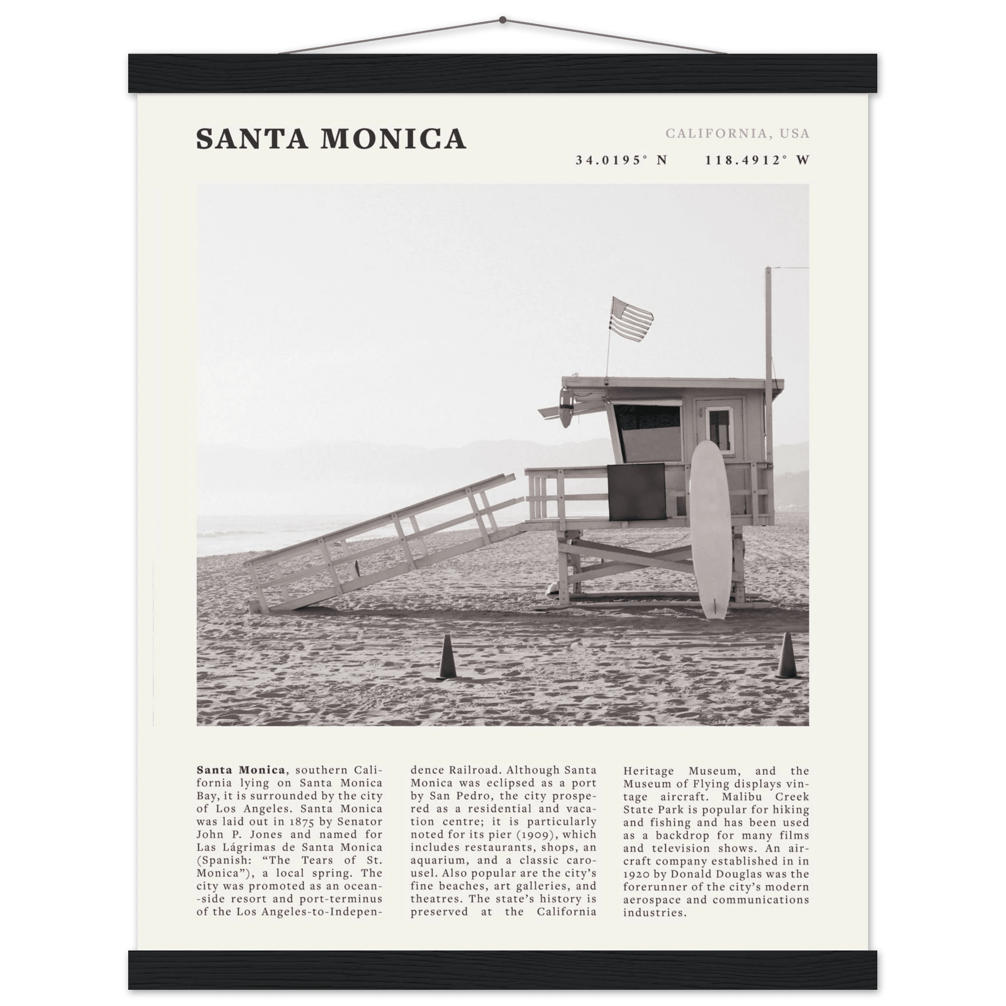 Santa Monica Poster | Black & White California Wall Art | Beach Travel Print | Coastal Decor - Evergreen Posters