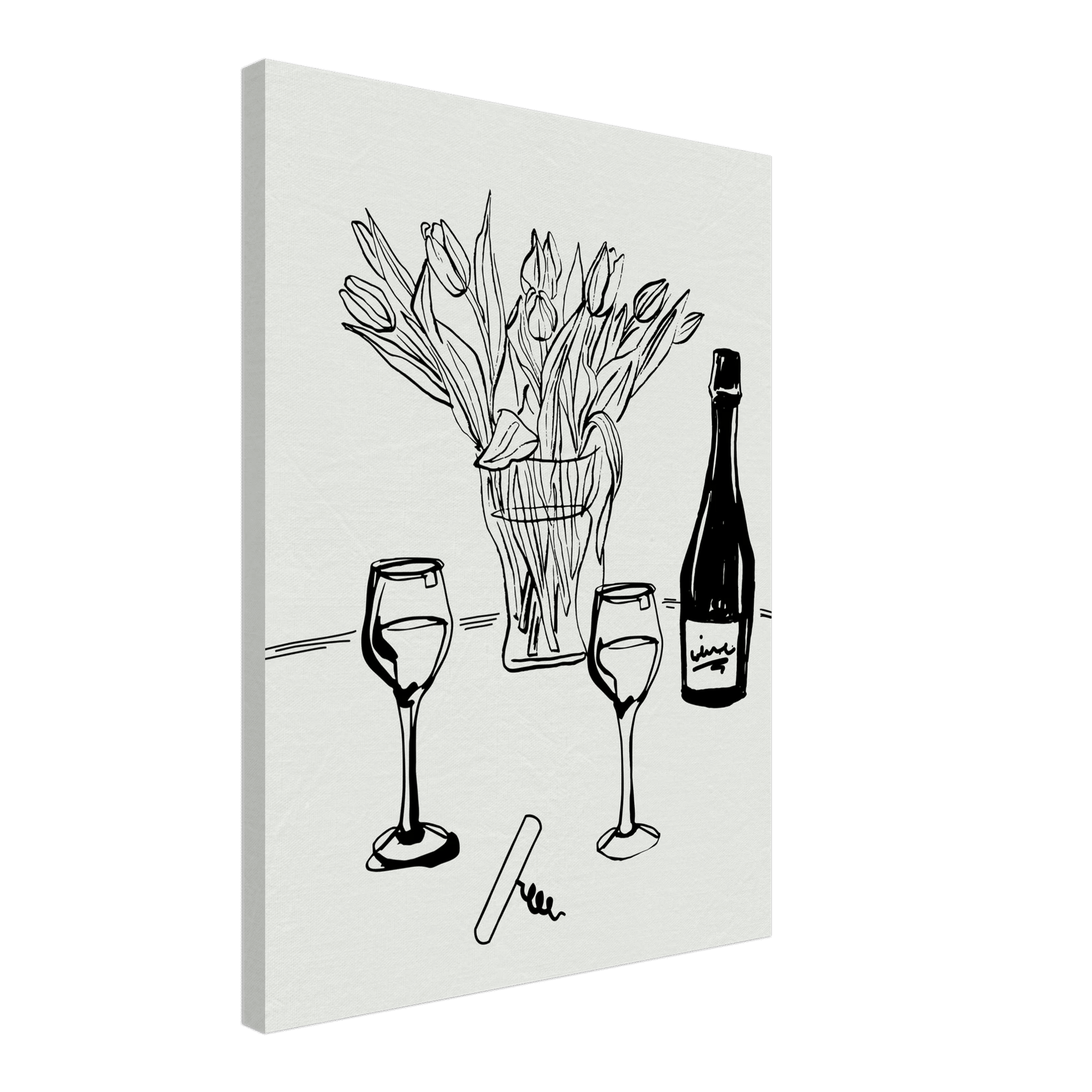 Wine & Tulips Print | Black Line Art Wine Bottle Wall Art | Minimalist Kitchen Poster - Evergreen Posters