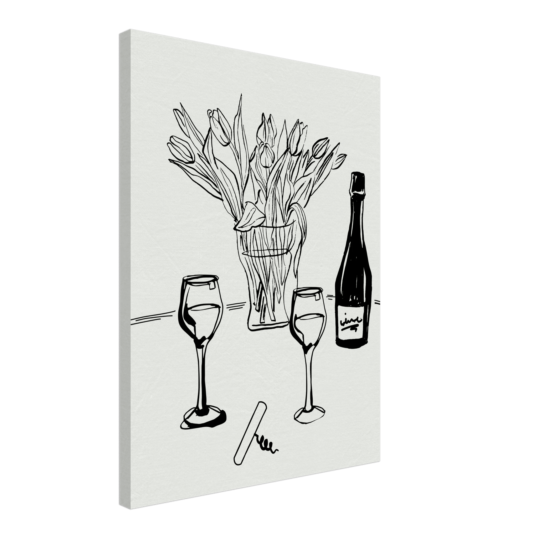 Wine & Tulips Print | Black Line Art Wine Bottle Wall Art | Minimalist Kitchen Poster - Evergreen Posters
