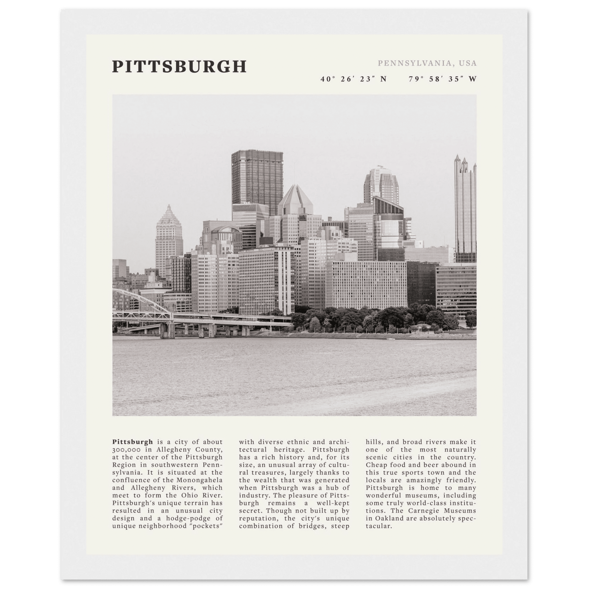 Pittsburgh Poster | Black & White Pennsylvania Skyline Wall Art | PA Travel Print - Evergreen Posters