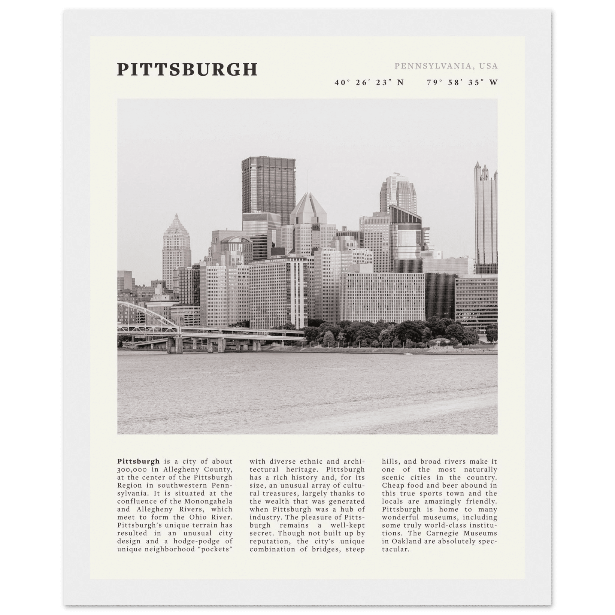 Pittsburgh Poster | Black & White Pennsylvania Skyline Wall Art | PA Travel Print - Evergreen Posters