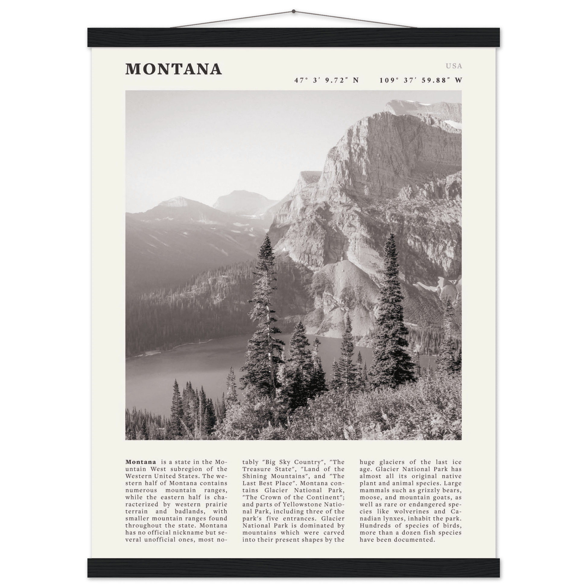 Montana Poster | Black & White Glacier National Park Wall Art | Nature Travel Print - Evergreen Posters