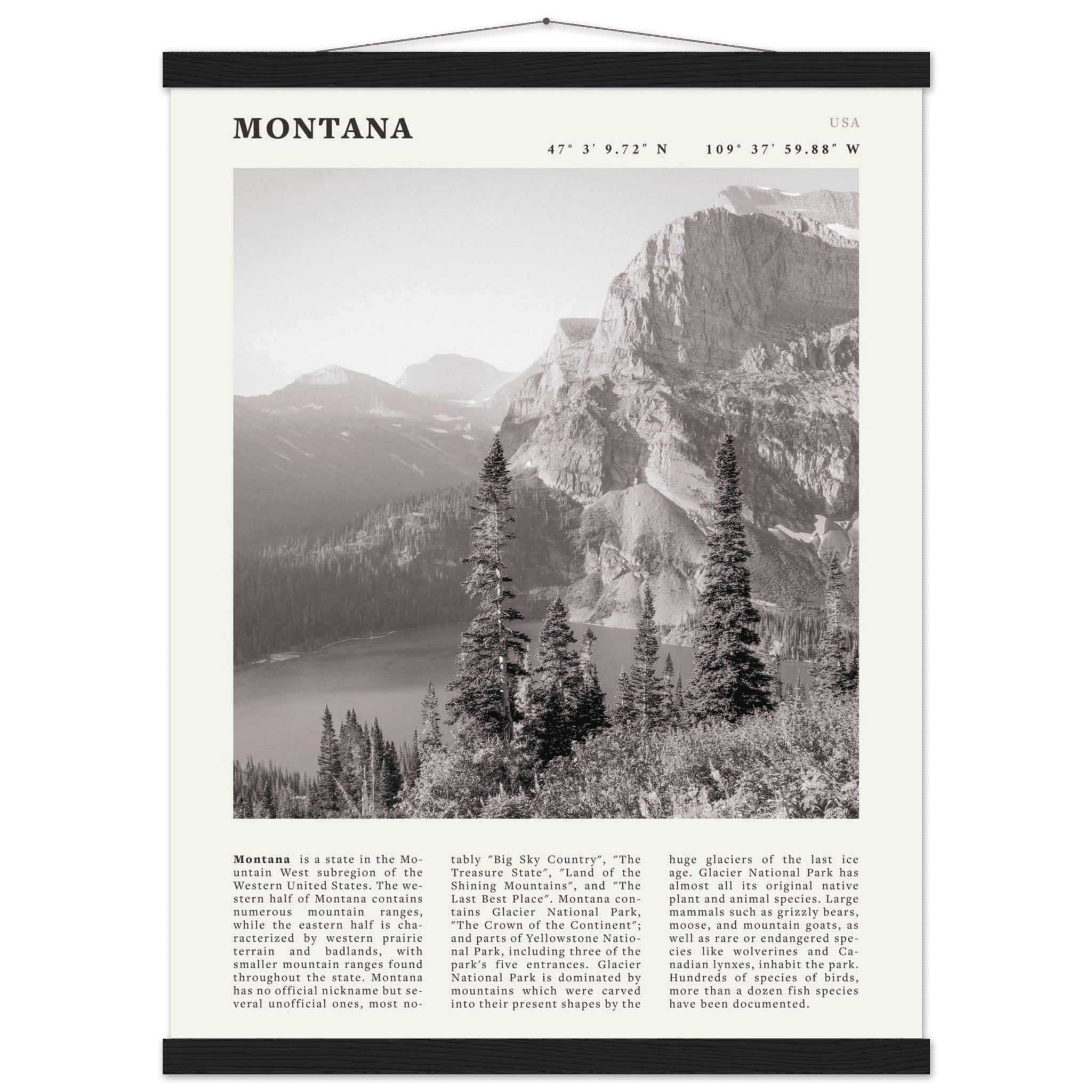 Montana Poster | Black & White Glacier National Park Wall Art | Nature Travel Print - Evergreen Posters