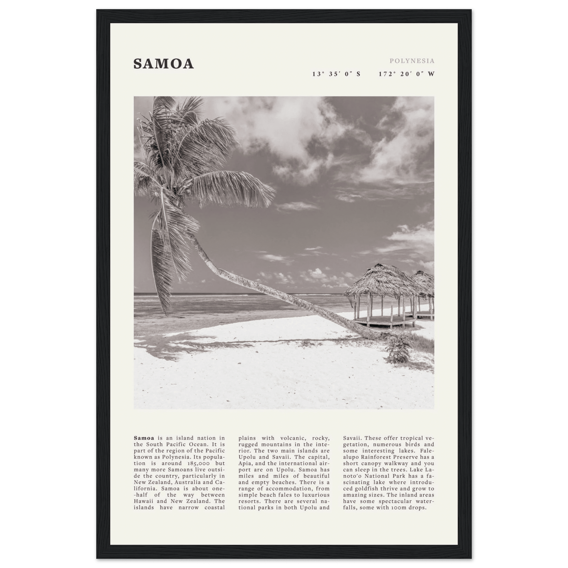 Samoa Poster | Black & White South Pacific Beach Wall Art | Polynesia Travel Print - Evergreen Posters