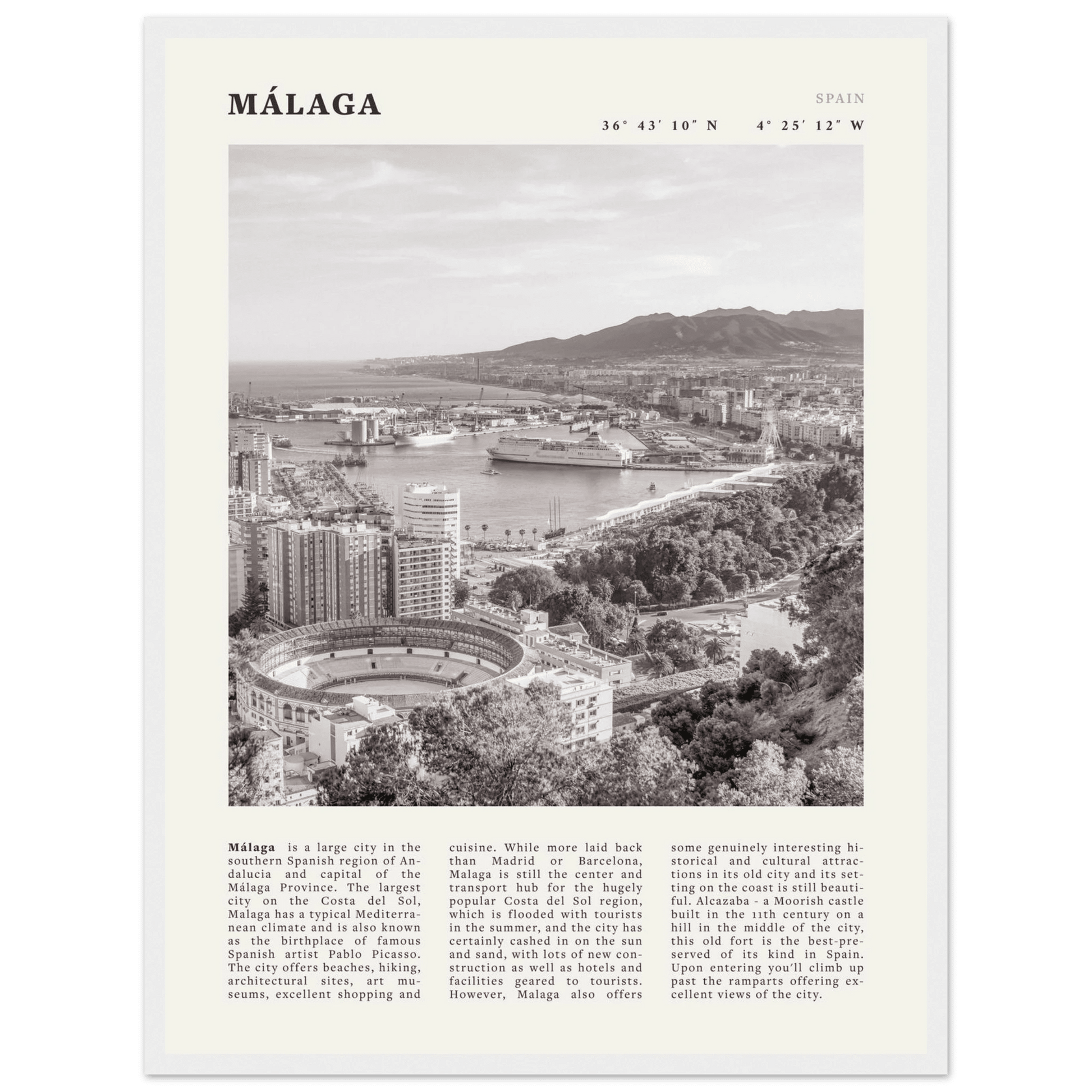 Málaga Poster | Black & White Costa del Sol Wall Art | Spain Travel Print - Evergreen Posters