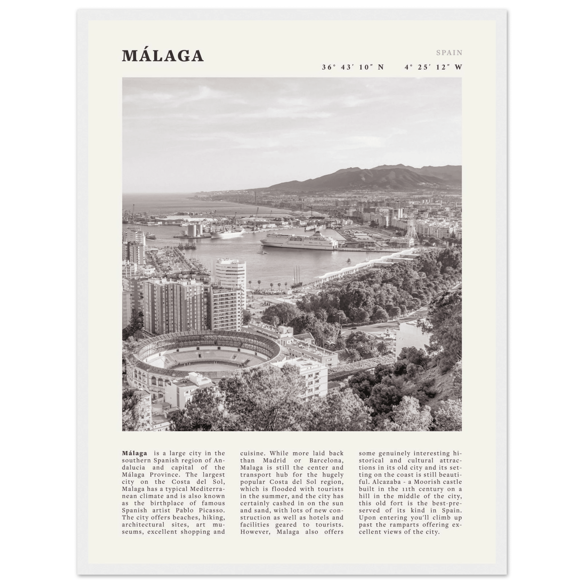 Málaga Poster | Black & White Costa del Sol Wall Art | Spain Travel Print - Evergreen Posters
