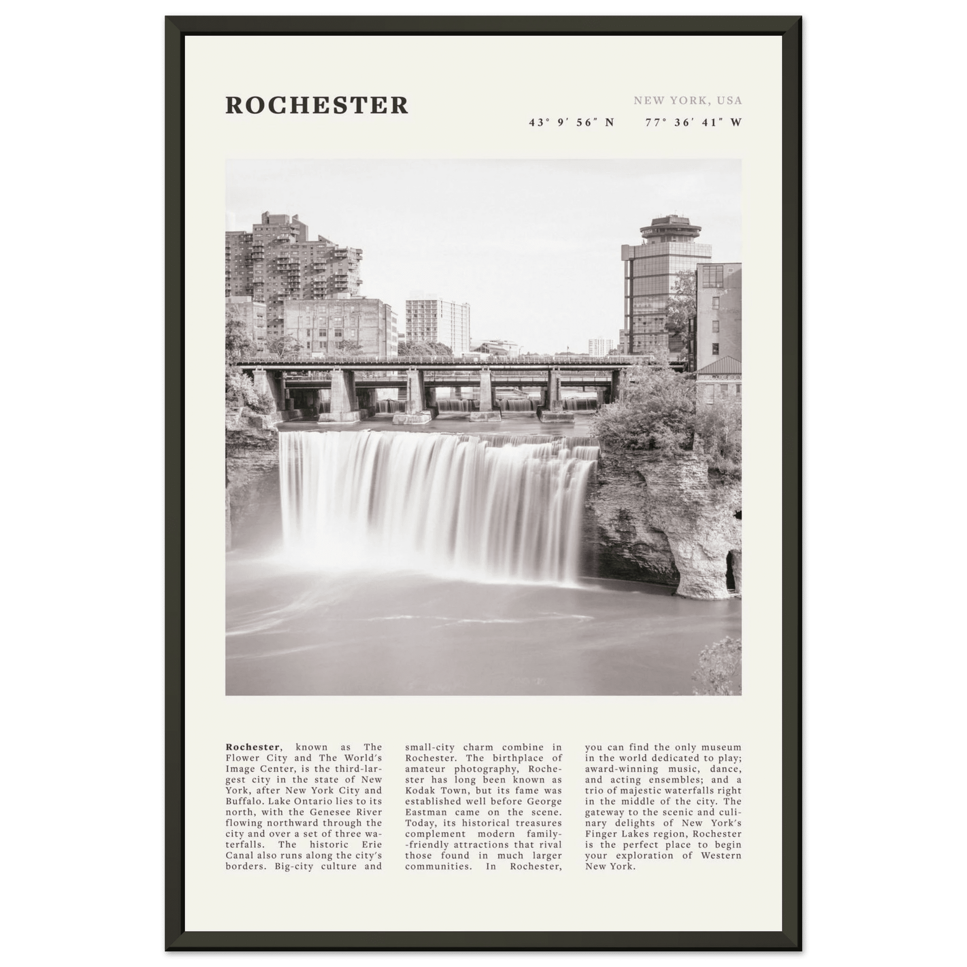 Rochester Poster | Black & White High Falls Wall Art | New York Travel Print - Evergreen Posters