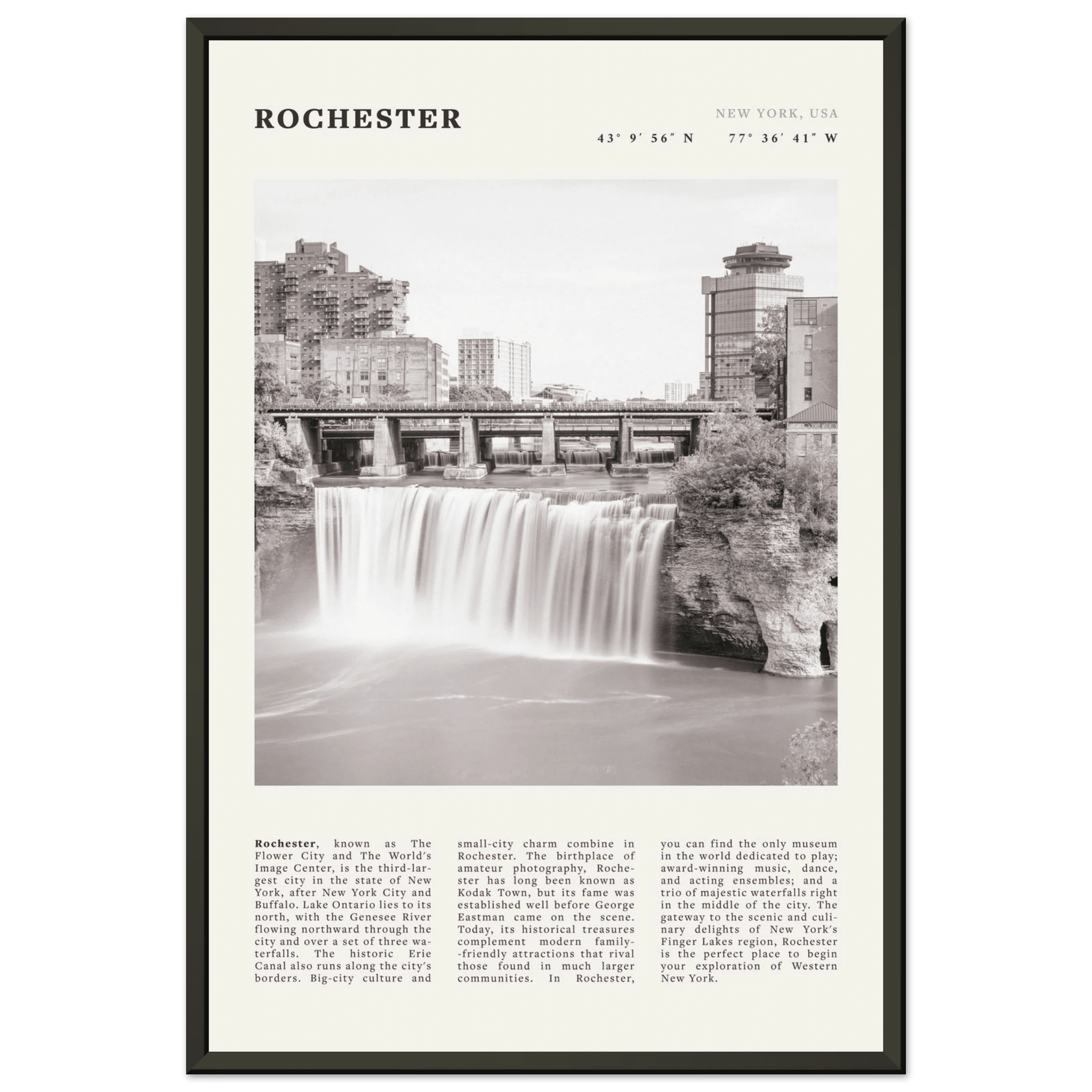 Rochester Poster | Black & White High Falls Wall Art | New York Travel Print - Evergreen Posters