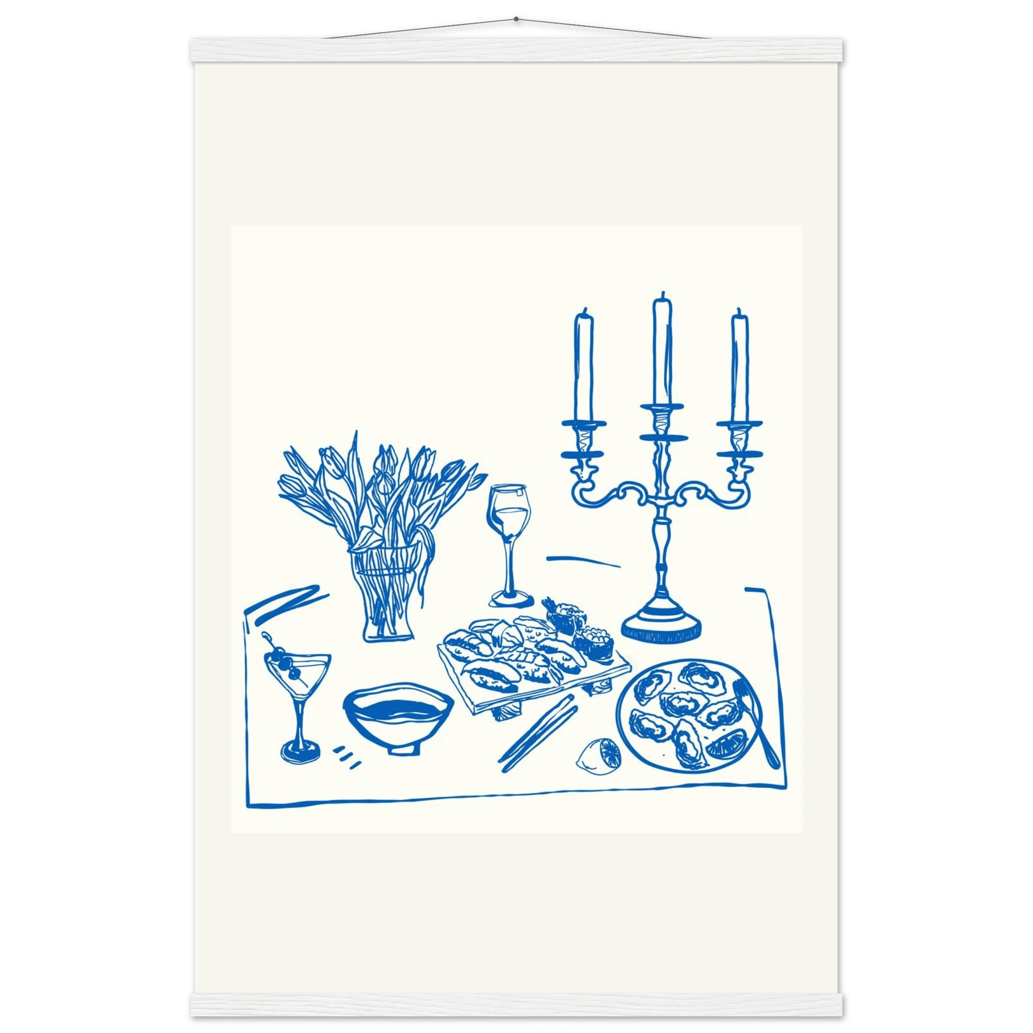 Fine Dining Table Print | Blue Line Art Kitchen Wall Art | Elegant Dining Room Poster - Evergreen Posters