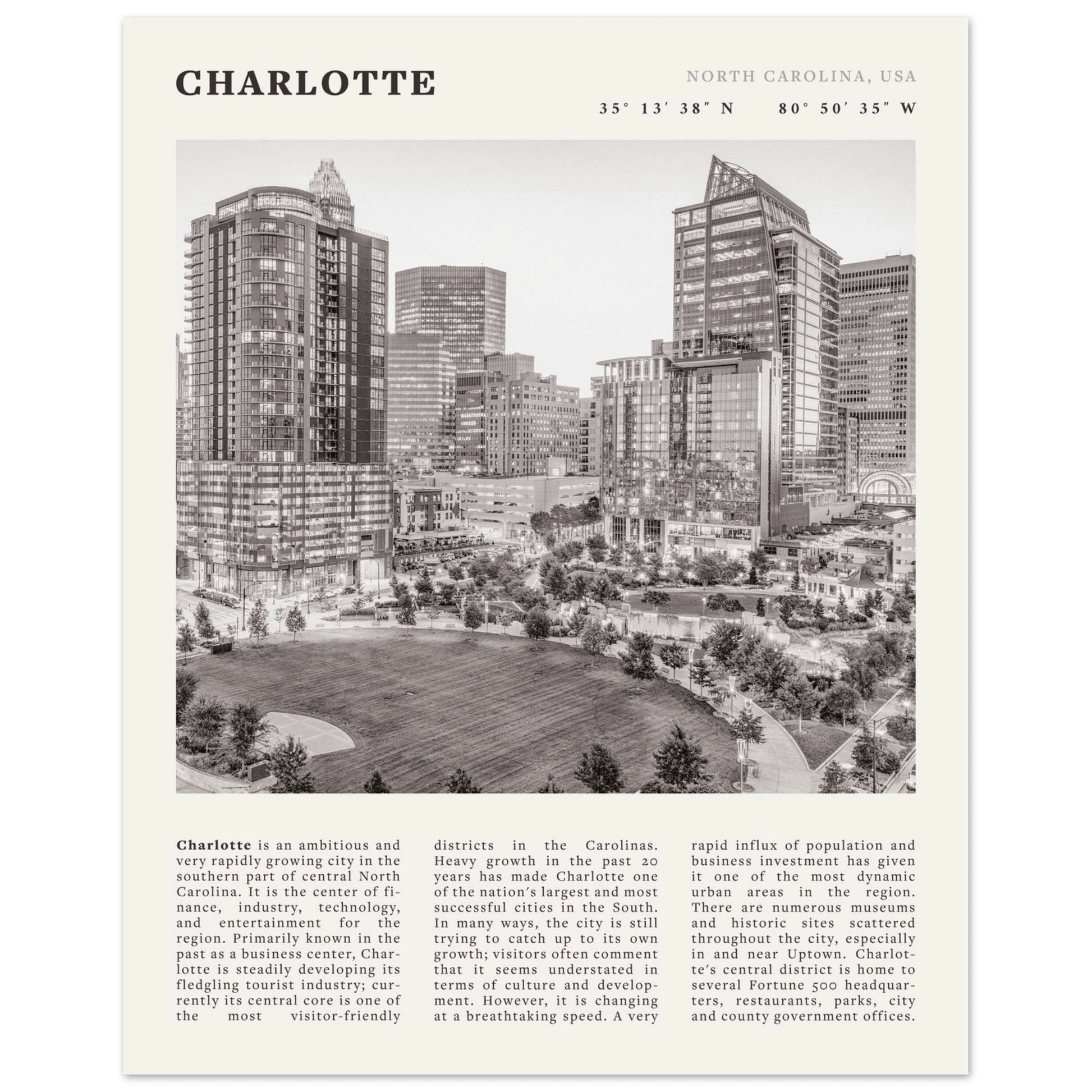 Charlotte Poster | Black & White North Carolina Skyline Wall Art | NC Travel Print - Evergreen Posters