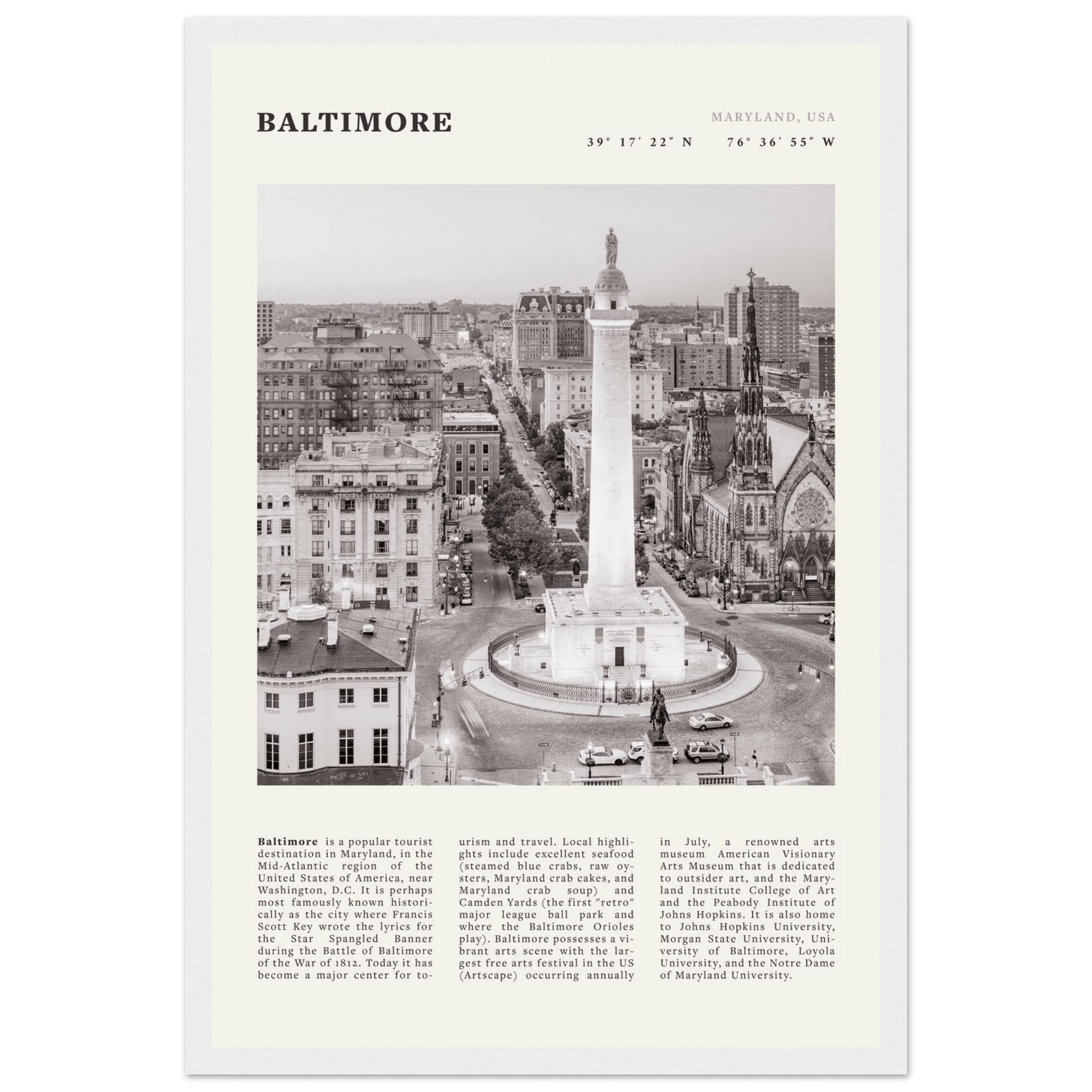 Baltimore Poster | Black & White Maryland City Wall Art | USA Travel Print - Evergreen Posters