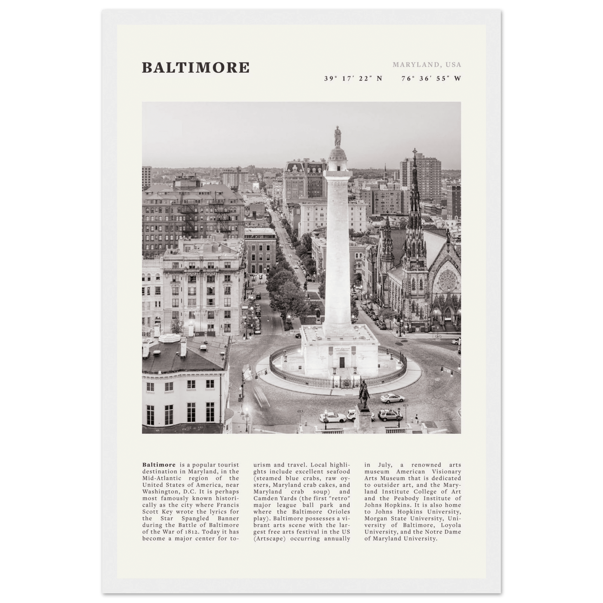 Baltimore Poster | Black & White Maryland City Wall Art | USA Travel Print - Evergreen Posters