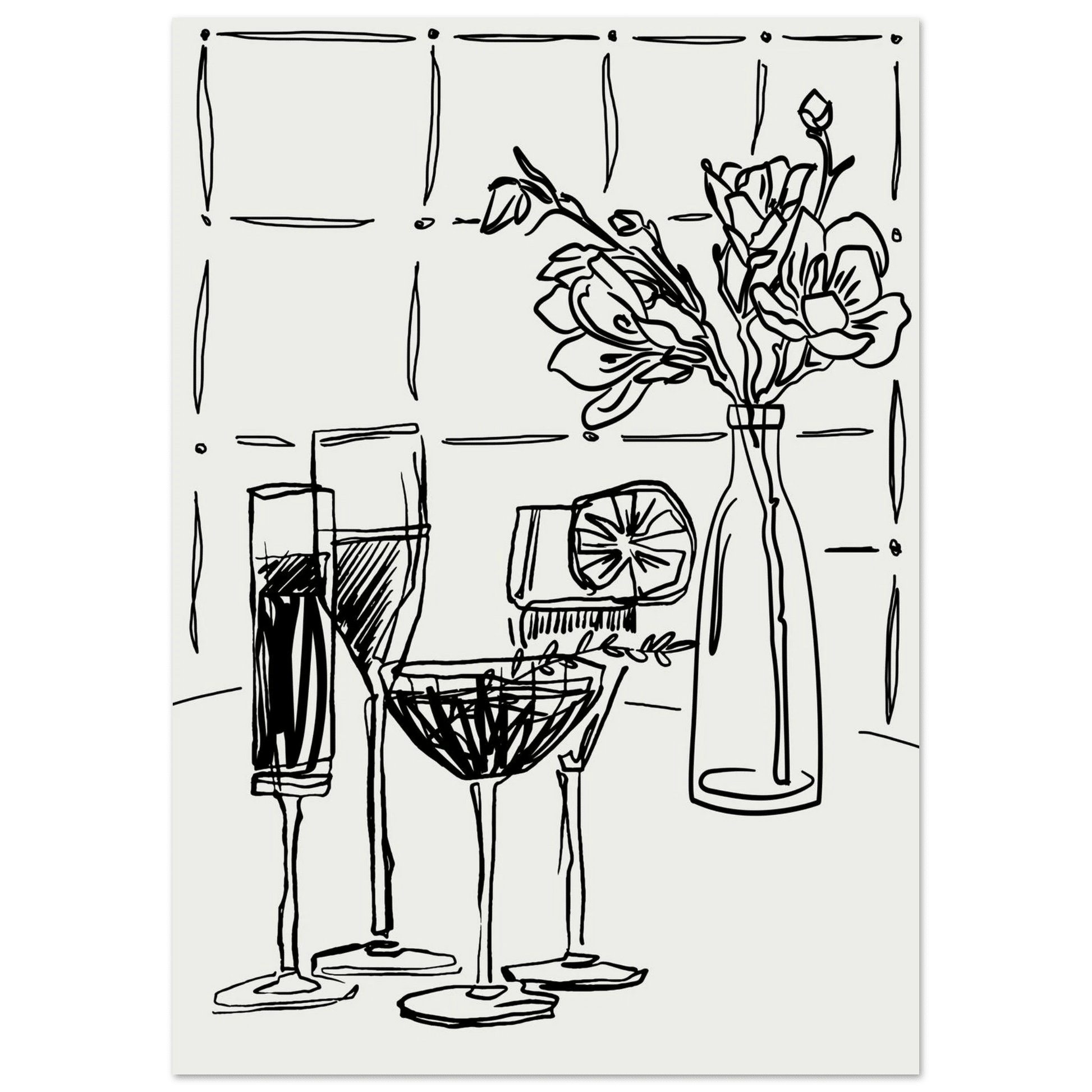 Cocktails & Flowers Print | Black Line Art Drinks Wall Art | Kitchen Bar Poster - Evergreen Posters