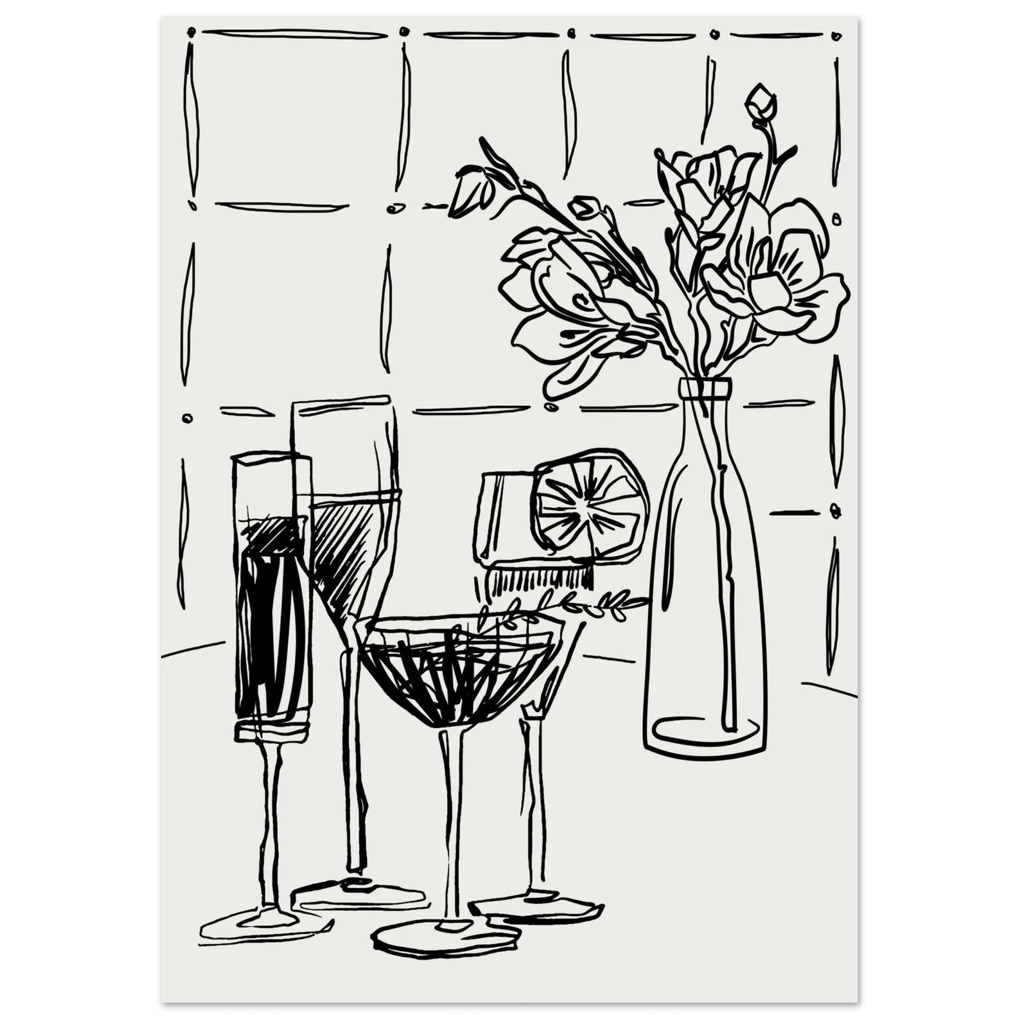 Cocktails & Flowers Print | Black Line Art Drinks Wall Art | Kitchen Bar Poster - Evergreen Posters