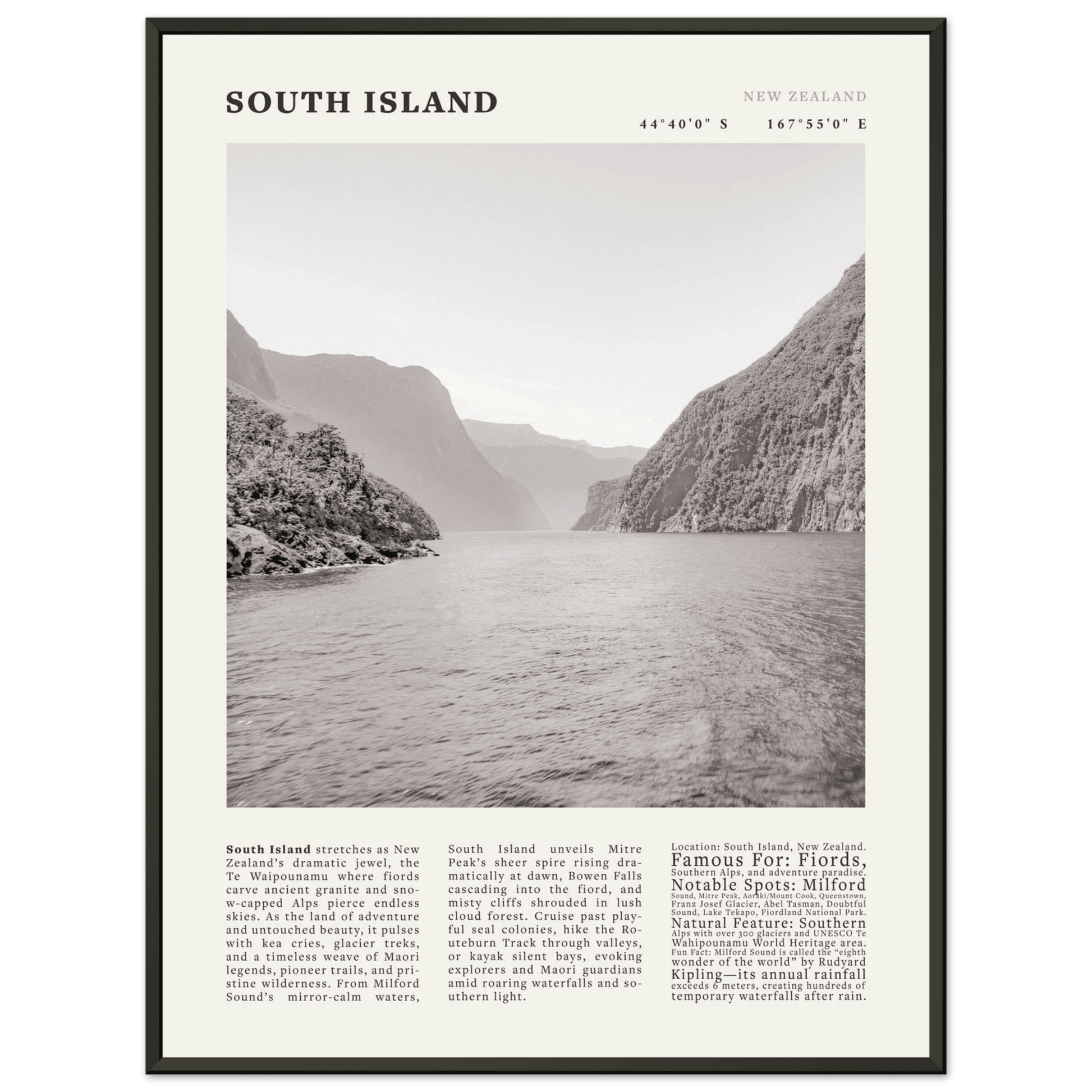 South Island New Zealand Poster Black and White – Vintage Milford Sound Fjord Print - Evergreen Posters
