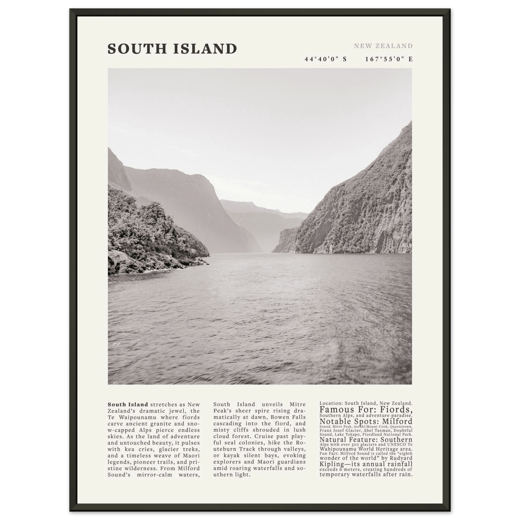 South Island New Zealand Poster Black and White – Vintage Milford Sound Fjord Print - Evergreen Posters