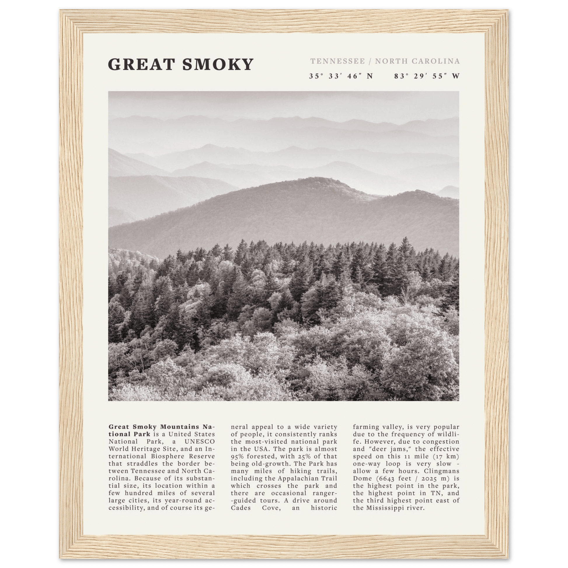 Great Smoky Mountains Poster | Black & White National Park Wall Art | Tennessee Print - Evergreen Posters
