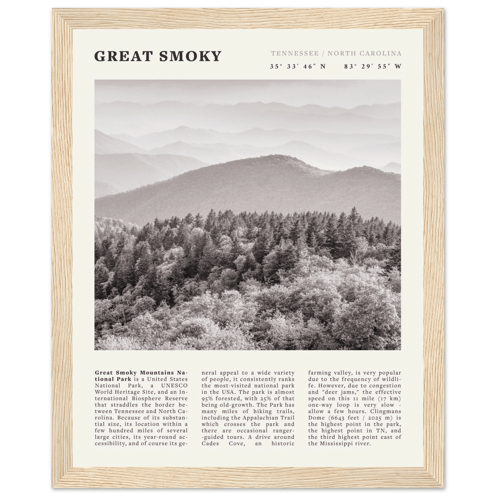 Great Smoky Mountains Poster | Black & White National Park Wall Art | Tennessee Print - Evergreen Posters