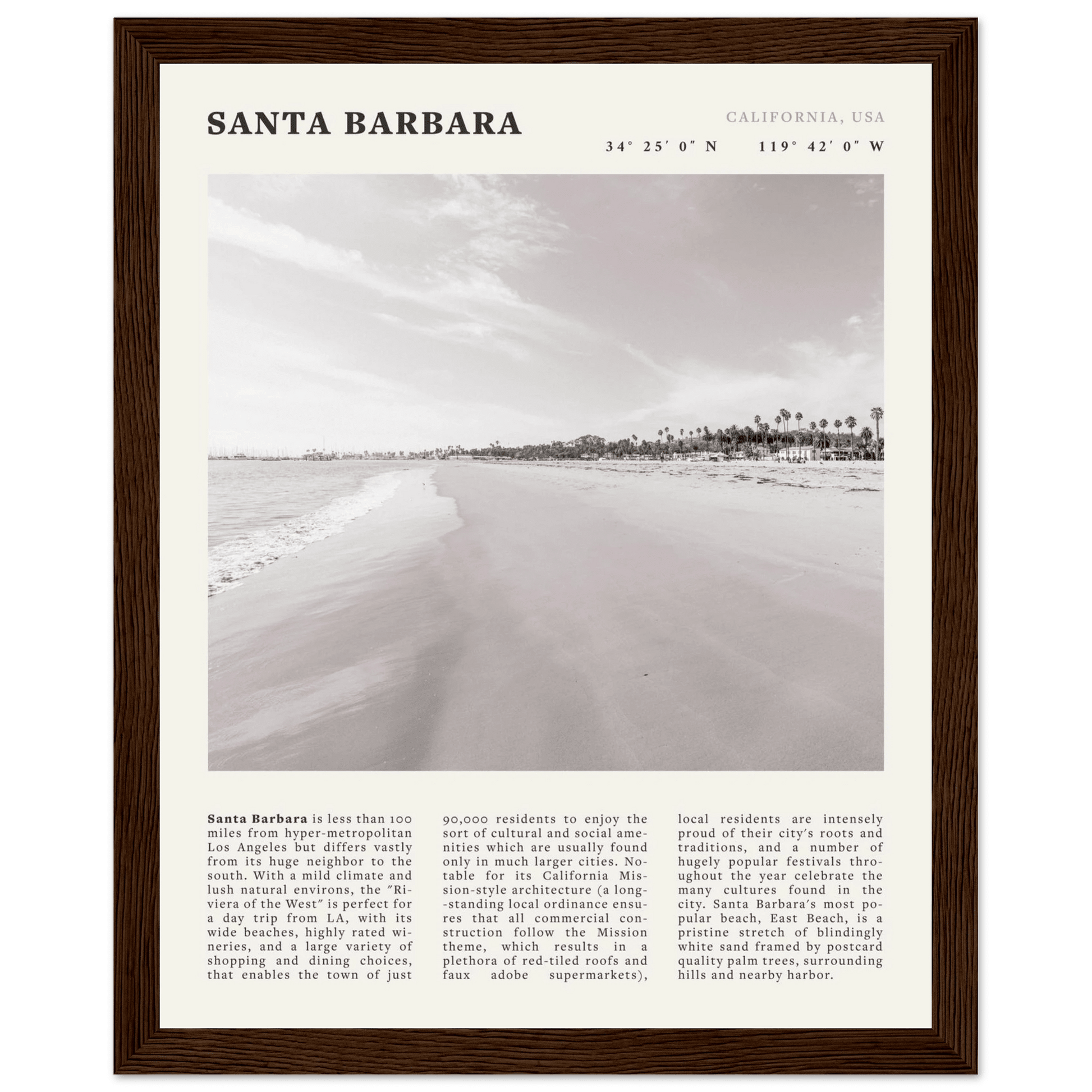 Santa Barbara Poster | Black & White California Beach Wall Art | CA Travel Print - Evergreen Posters