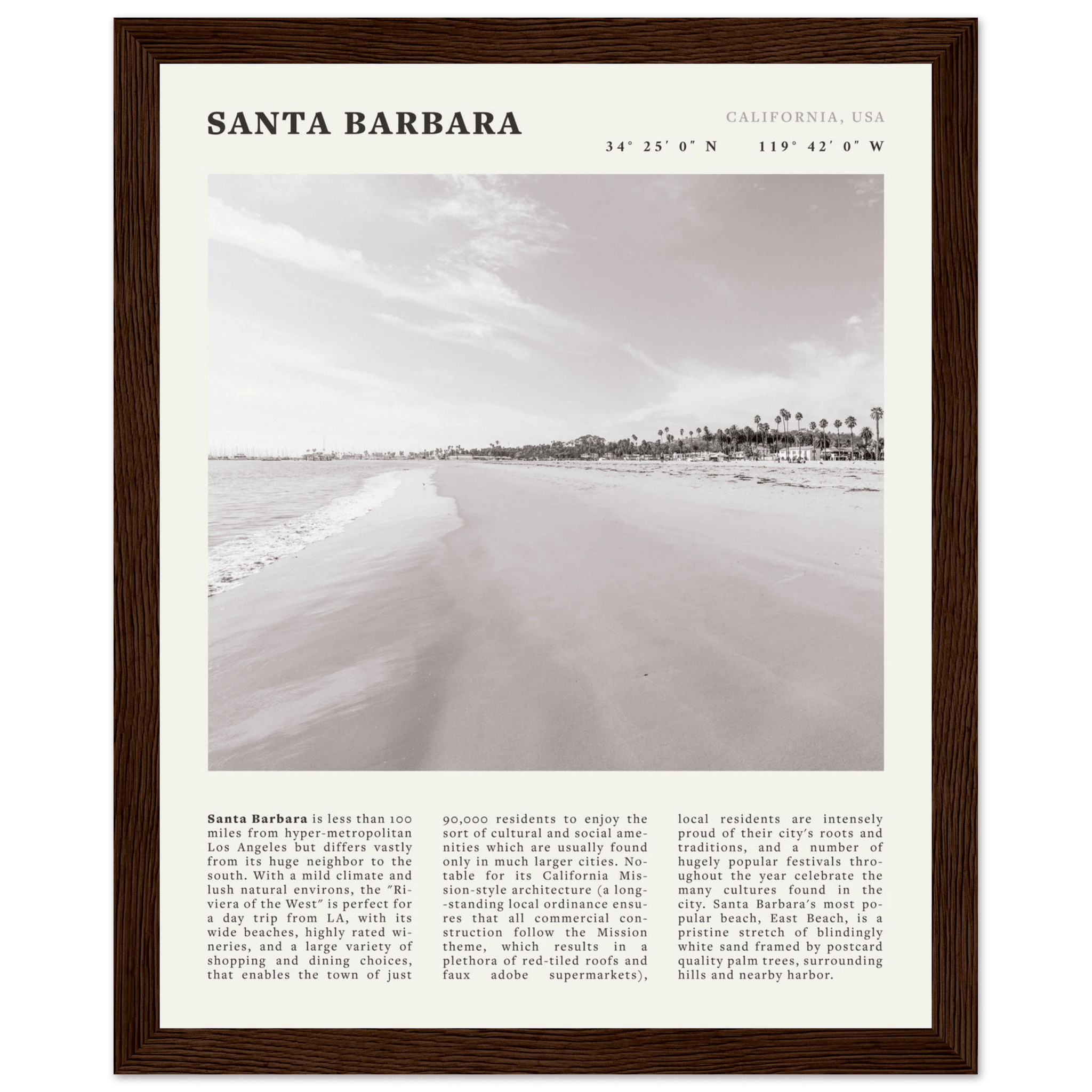 Santa Barbara Poster | Black & White California Beach Wall Art | CA Travel Print - Evergreen Posters