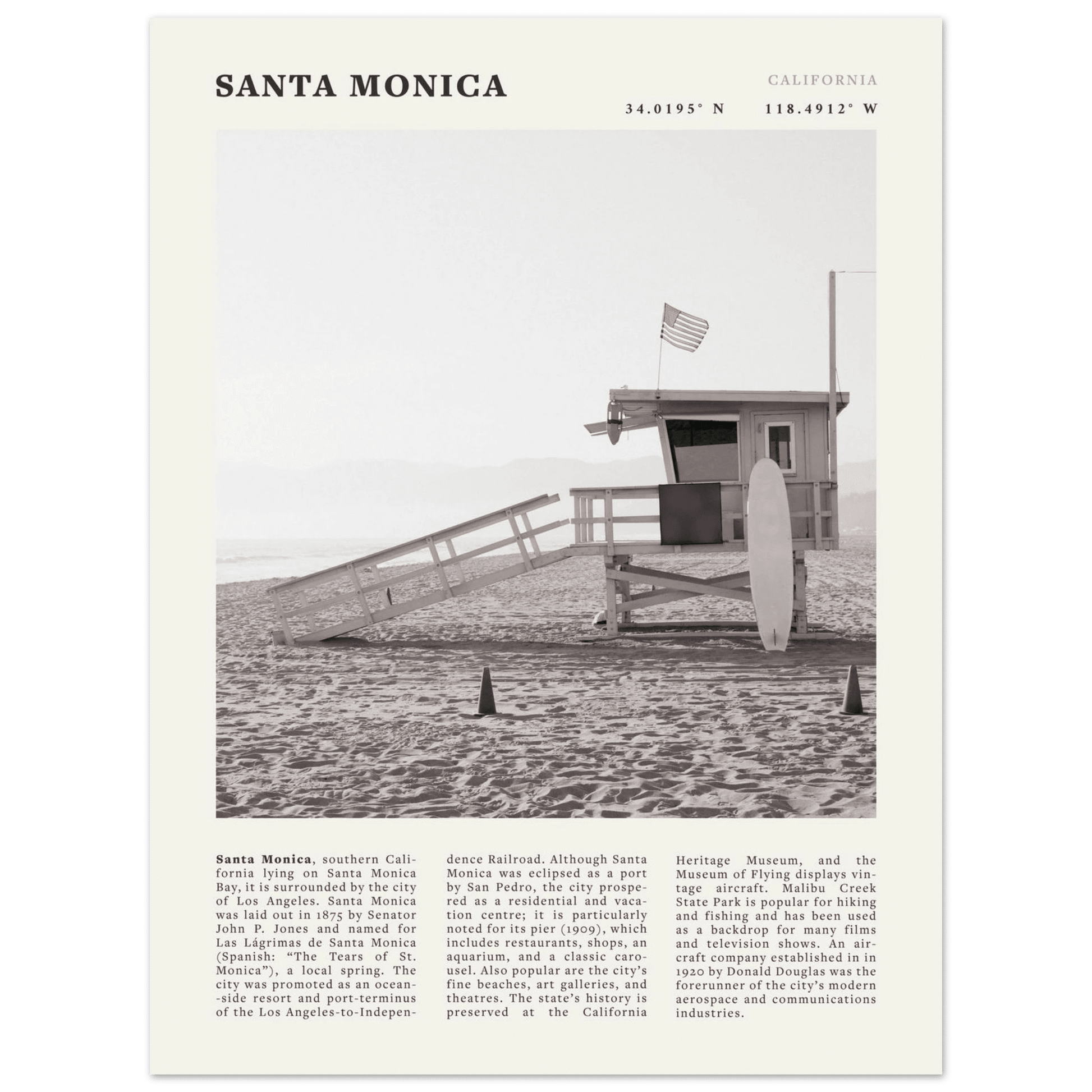 Santa Monica Poster | Black & White California Wall Art | Beach Travel Print | Coastal Decor - Evergreen Posters