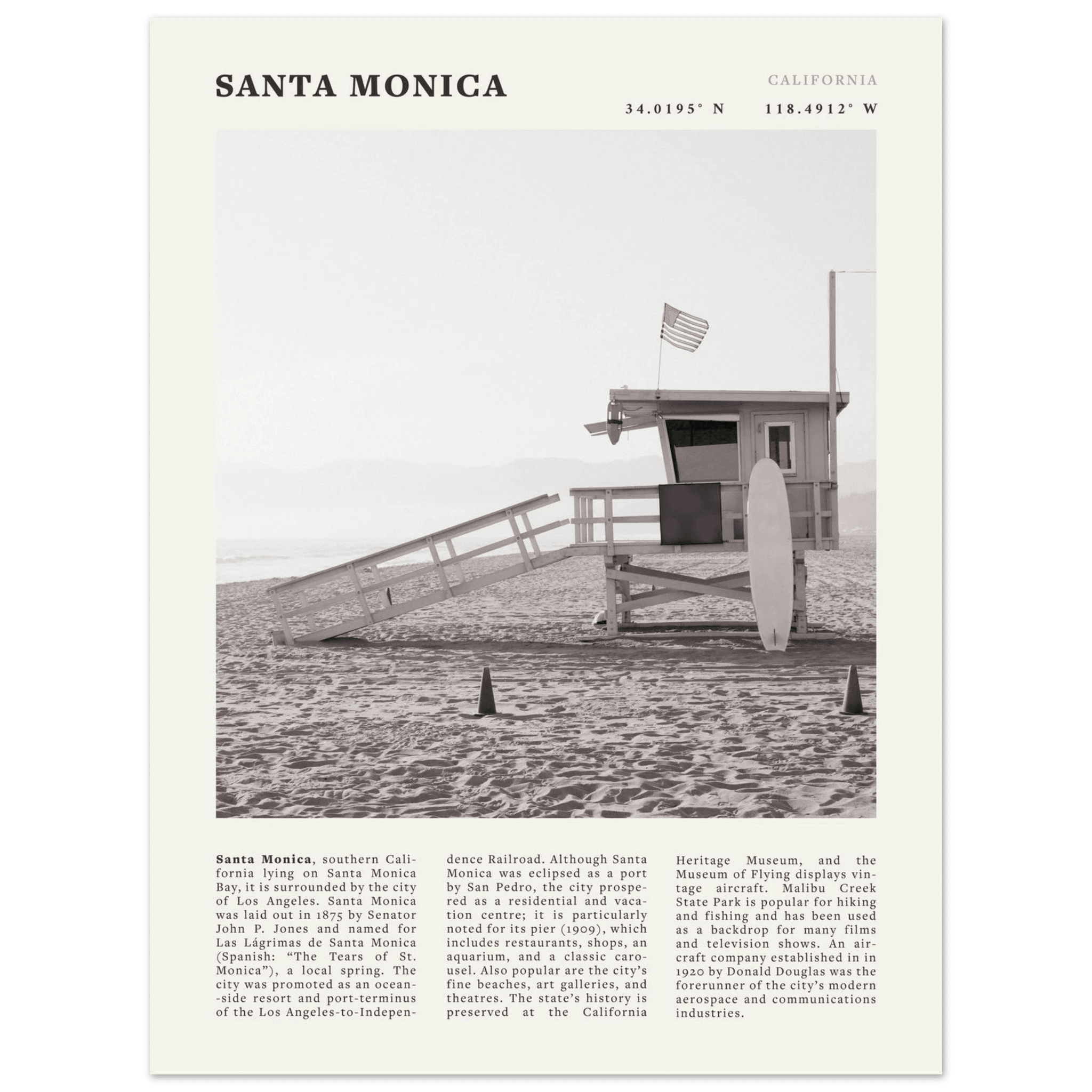 Santa Monica Poster | Black & White California Wall Art | Beach Travel Print | Coastal Decor - Evergreen Posters