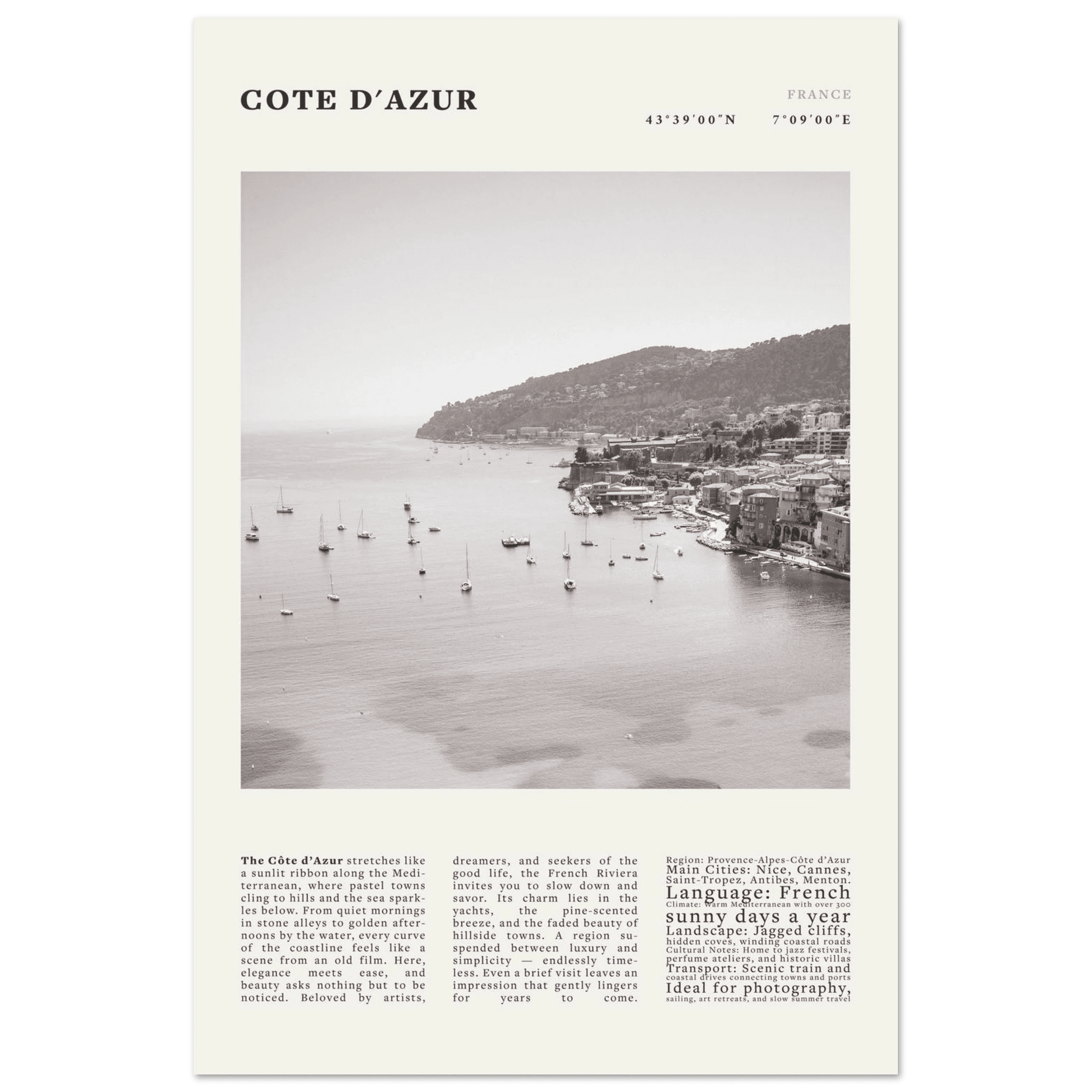 Côte d'Azur Poster Black and White – Vintage French Riviera Coast Print (Digital & Printed Options) - Evergreen Posters