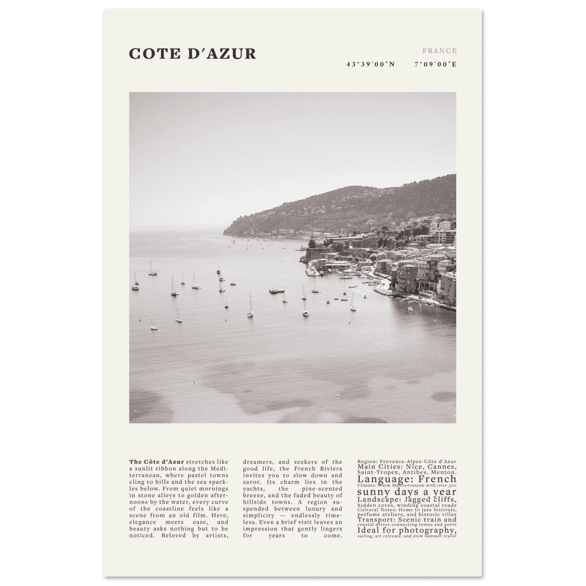 Côte d'Azur Poster Black and White – Vintage French Riviera Coast Print (Digital & Printed Options) - Evergreen Posters