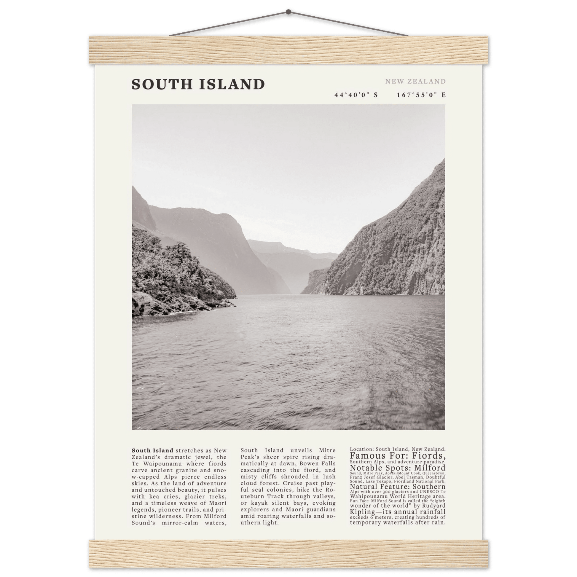 South Island New Zealand Poster Black and White – Vintage Milford Sound Fjord Print - Evergreen Posters