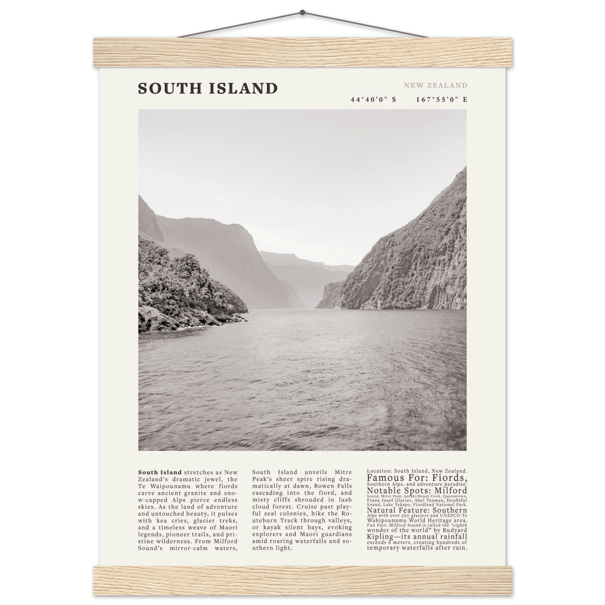 South Island New Zealand Poster Black and White – Vintage Milford Sound Fjord Print - Evergreen Posters