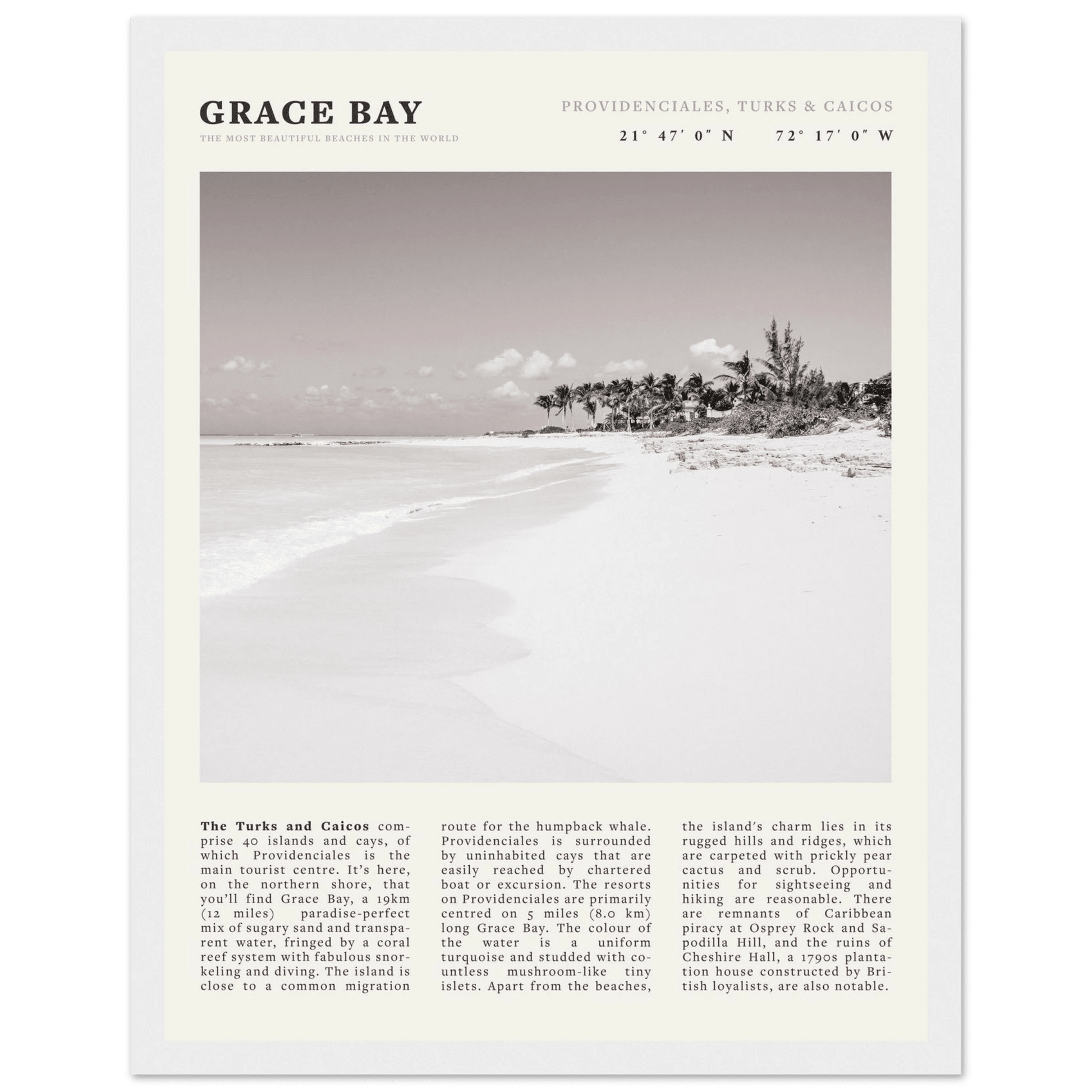 Grace Bay Poster | Black & White Turks & Caicos Wall Art | Caribbean Beach Print - Evergreen Posters