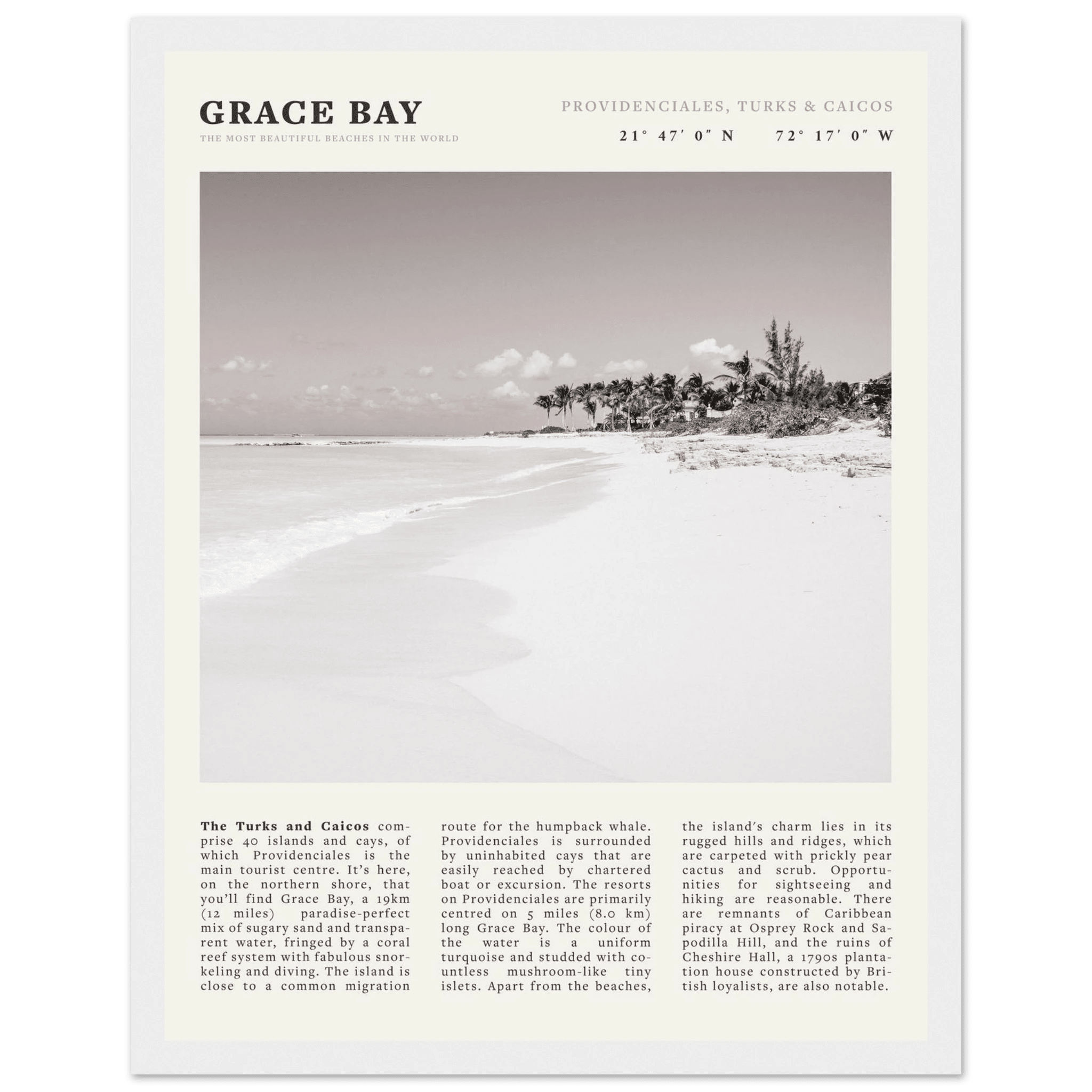 Grace Bay Poster | Black & White Turks & Caicos Wall Art | Caribbean Beach Print - Evergreen Posters
