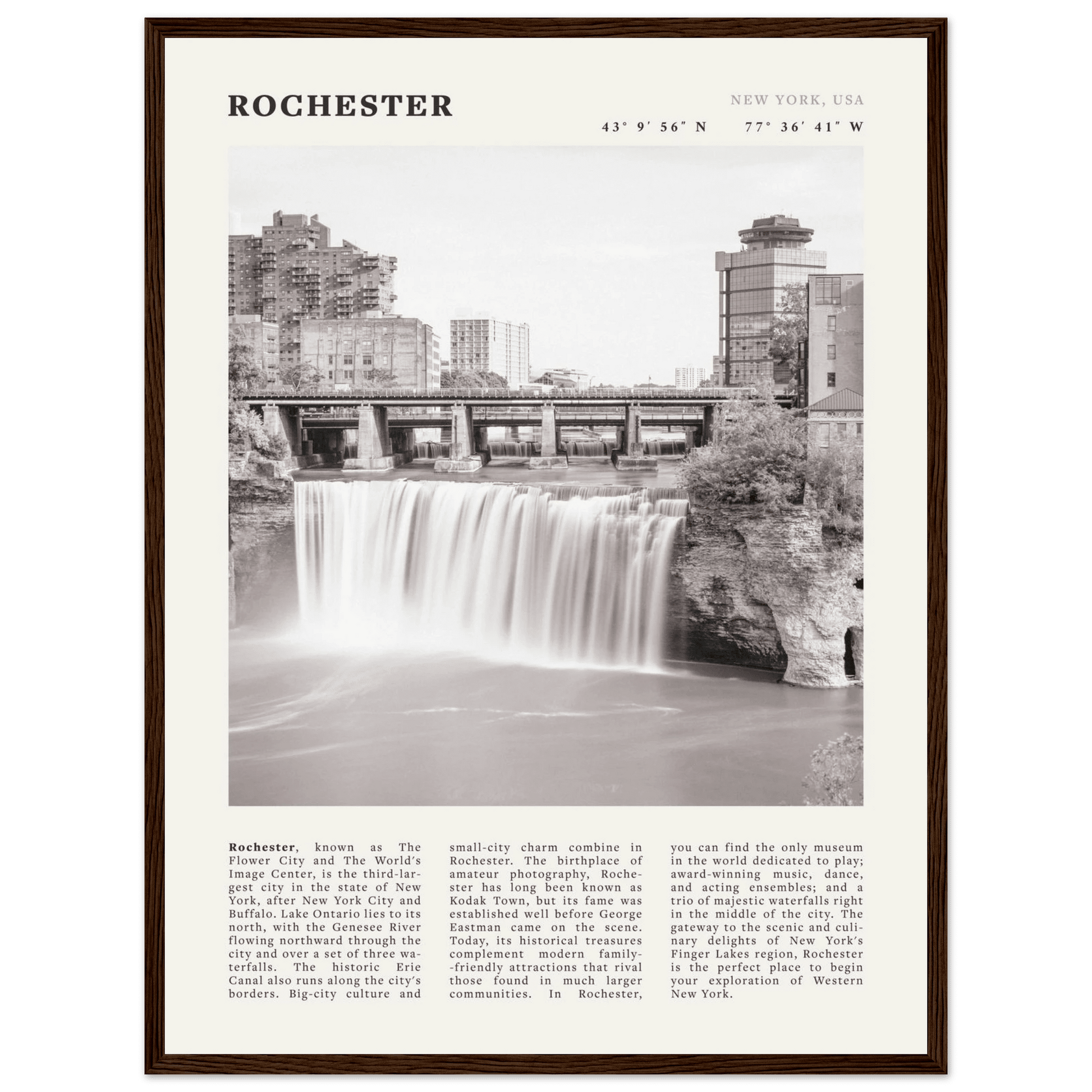 Rochester Poster | Black & White High Falls Wall Art | New York Travel Print - Evergreen Posters