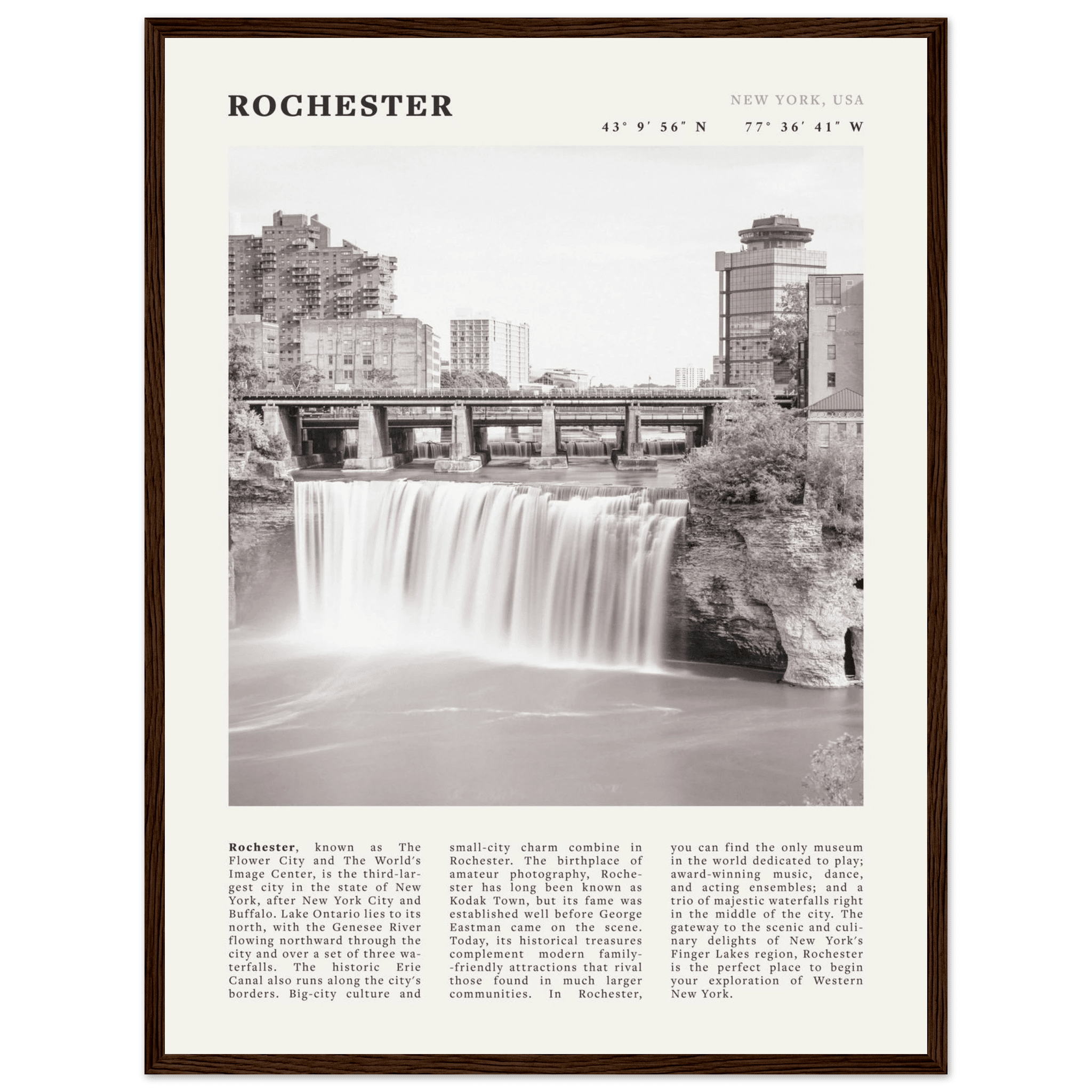 Rochester Poster | Black & White High Falls Wall Art | New York Travel Print - Evergreen Posters