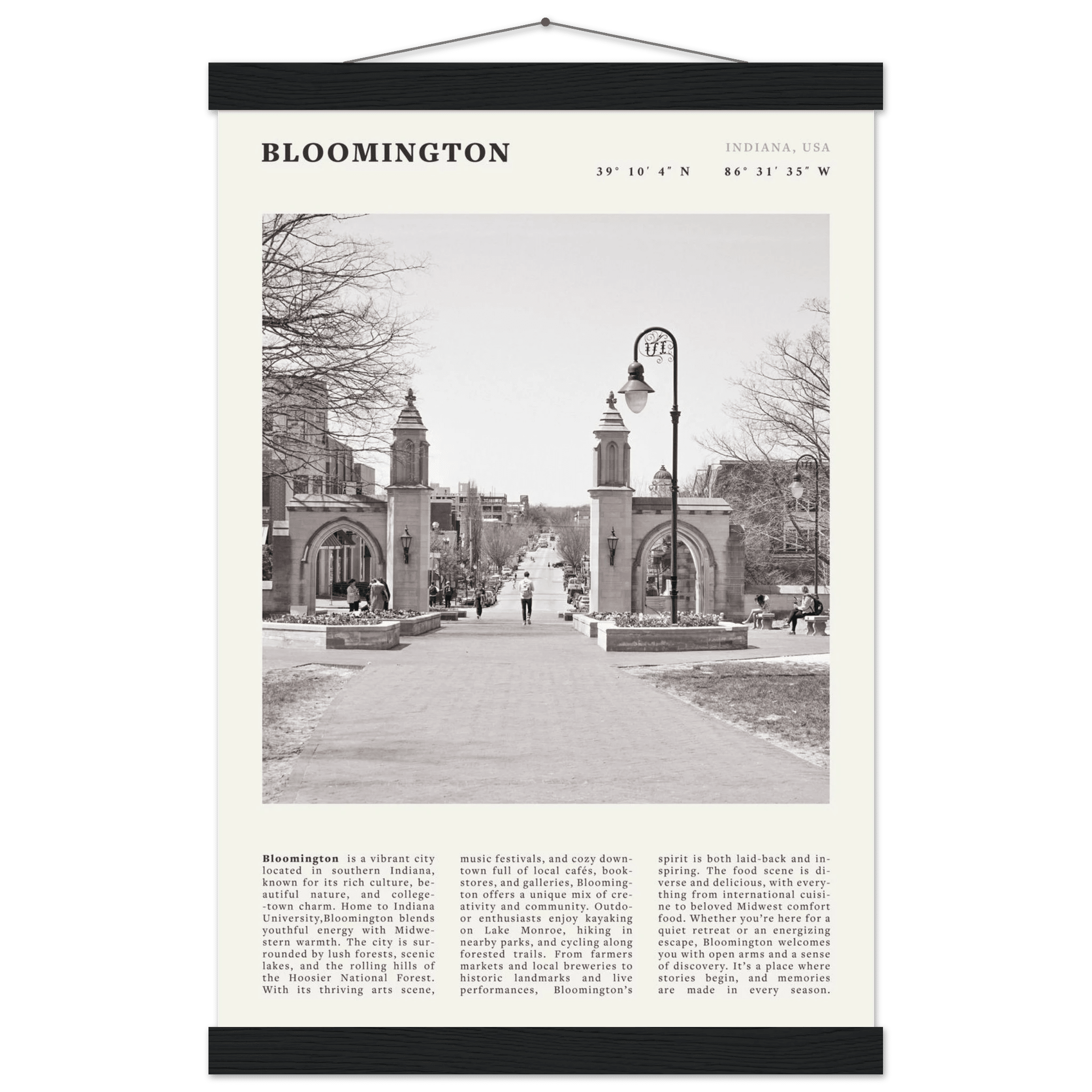 Bloomington Indiana Black and White Vintage Poster - Evergreen Posters
