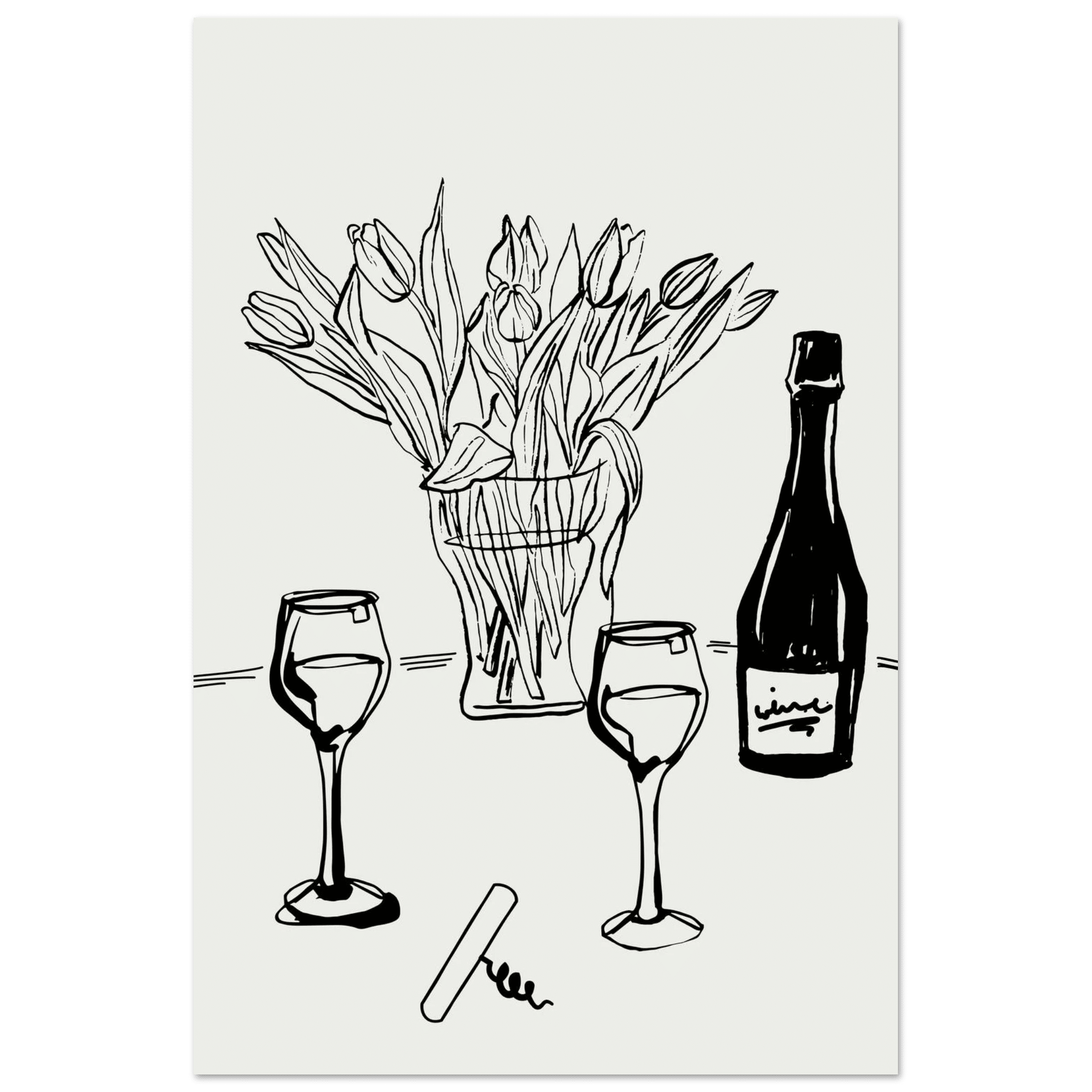 Wine & Tulips Print | Black Line Art Wine Bottle Wall Art | Minimalist Kitchen Poster - Evergreen Posters