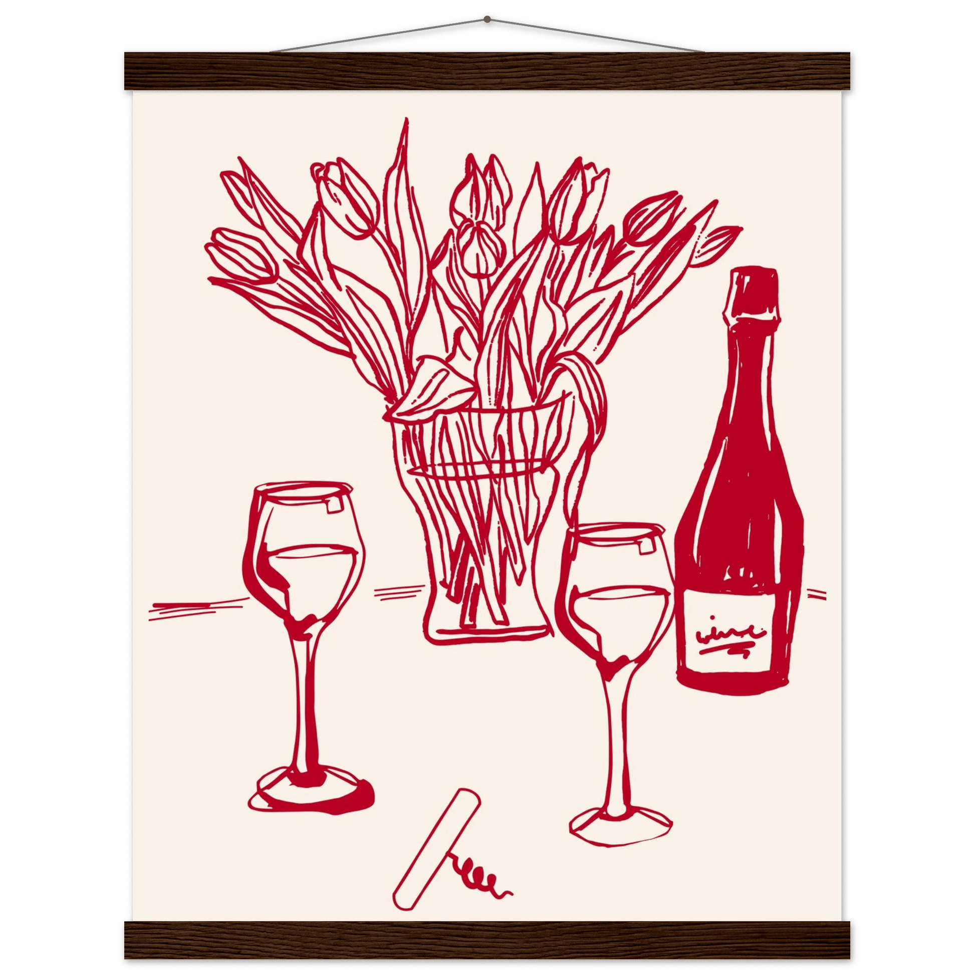 Red Wine & Tulips Print | Line Art Wine Bottle Wall Art | Kitchen Poster - Evergreen Posters