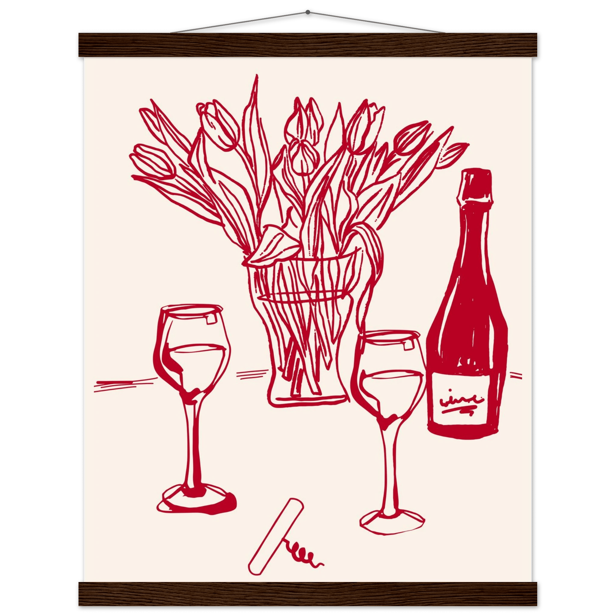 Red Wine & Tulips Print | Line Art Wine Bottle Wall Art | Kitchen Poster - Evergreen Posters